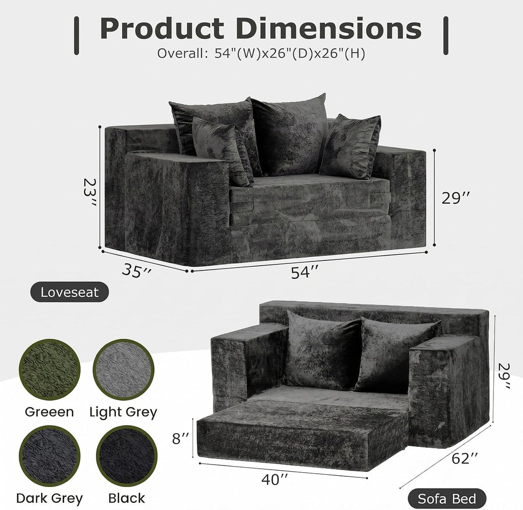 Boneless Couch Loveseat Sleeper, Convertible Sofa Bed Folding Couch Bed, Boneless Chair Bed & Futon Sofa Bed, Small Pull Out Couch Foldable with 4 Pillows for Living Room, Dark Grey