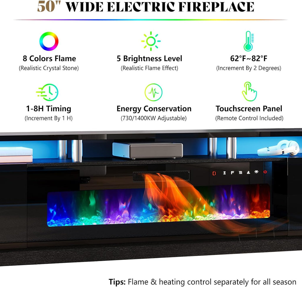 AMERLIFE 90' High Gloss 2 Tier TV Stand with 50' Electric Fireplace, Modern Luxury Large Entertainment Center/w LED Lights, Media Console Table Storage Cabinet for TVs Up to 100', Living Room, Black