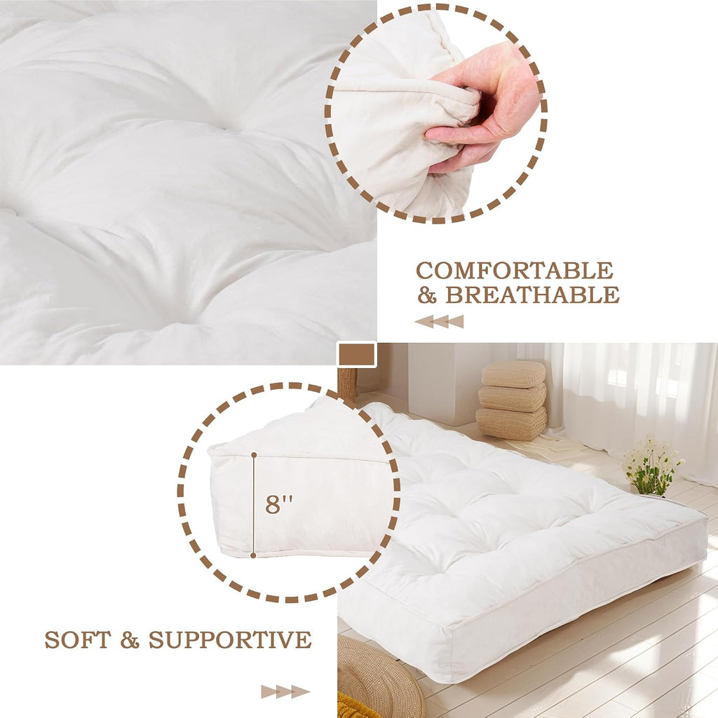 DHMAKER 8-inch Futon Mattress Queen Size, Thick Futon Sofa Couch Bed Foldable Floor Sleeping Pad for Adults, Portable Floor Bed Mattress, Velvet Tatami Mat (Frame Not Included),White, 60'x80'