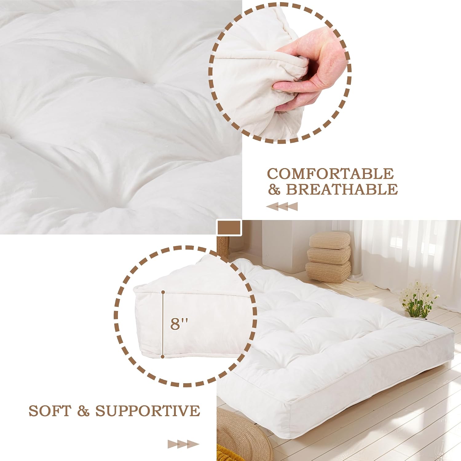 DHMAKER 8-inch Futon Mattress Queen Size, Thick Futon Sofa Couch Bed Foldable Floor Sleeping Pad for Adults, Portable Floor Bed Mattress, Velvet Tatami Mat (Frame Not Included),White, 60'x80'