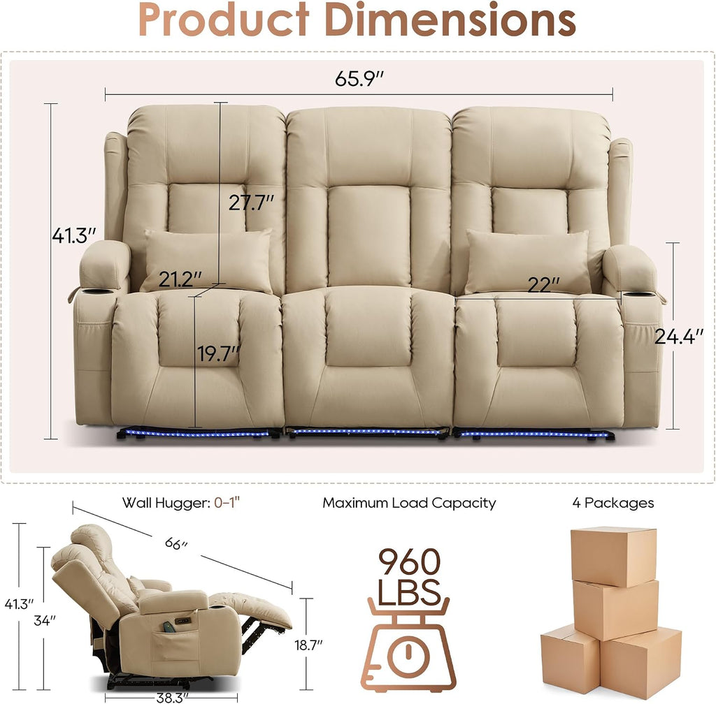 TUNYI Power Loveseat Recliner Sofa with Massage & Heat Home Theater Seating with Console RV Recliner Loveseat Sofa with USB/Storage/Side Pocket/LED Light/Speaker (Beige, 3 Seat)
