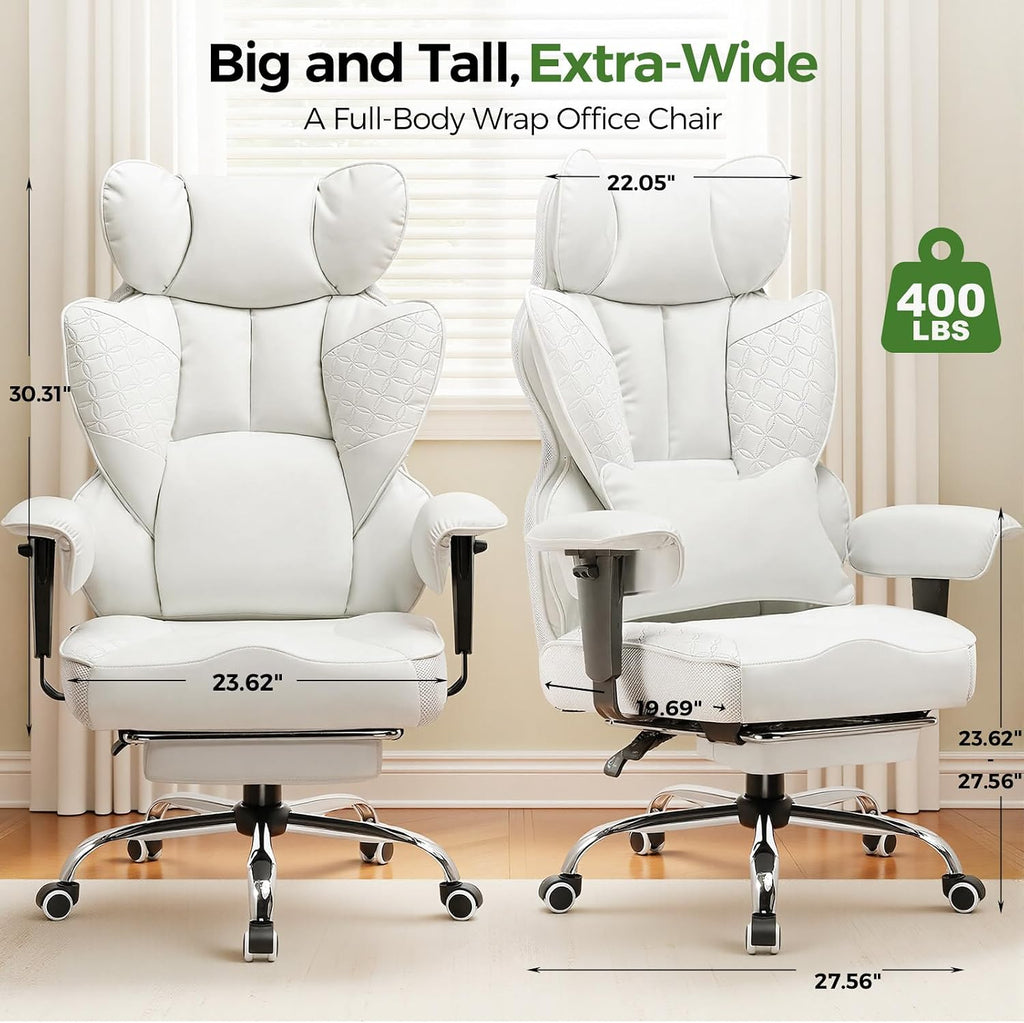 GTPOFFICE Big and Tall Office Chair 400LBS Wide Seat Computer Gaming Chair with Footrest & Comfy Lumbar Support, Leather High Back Executive Chair with Ergonomic Pressure Relief Seat Cushion, White