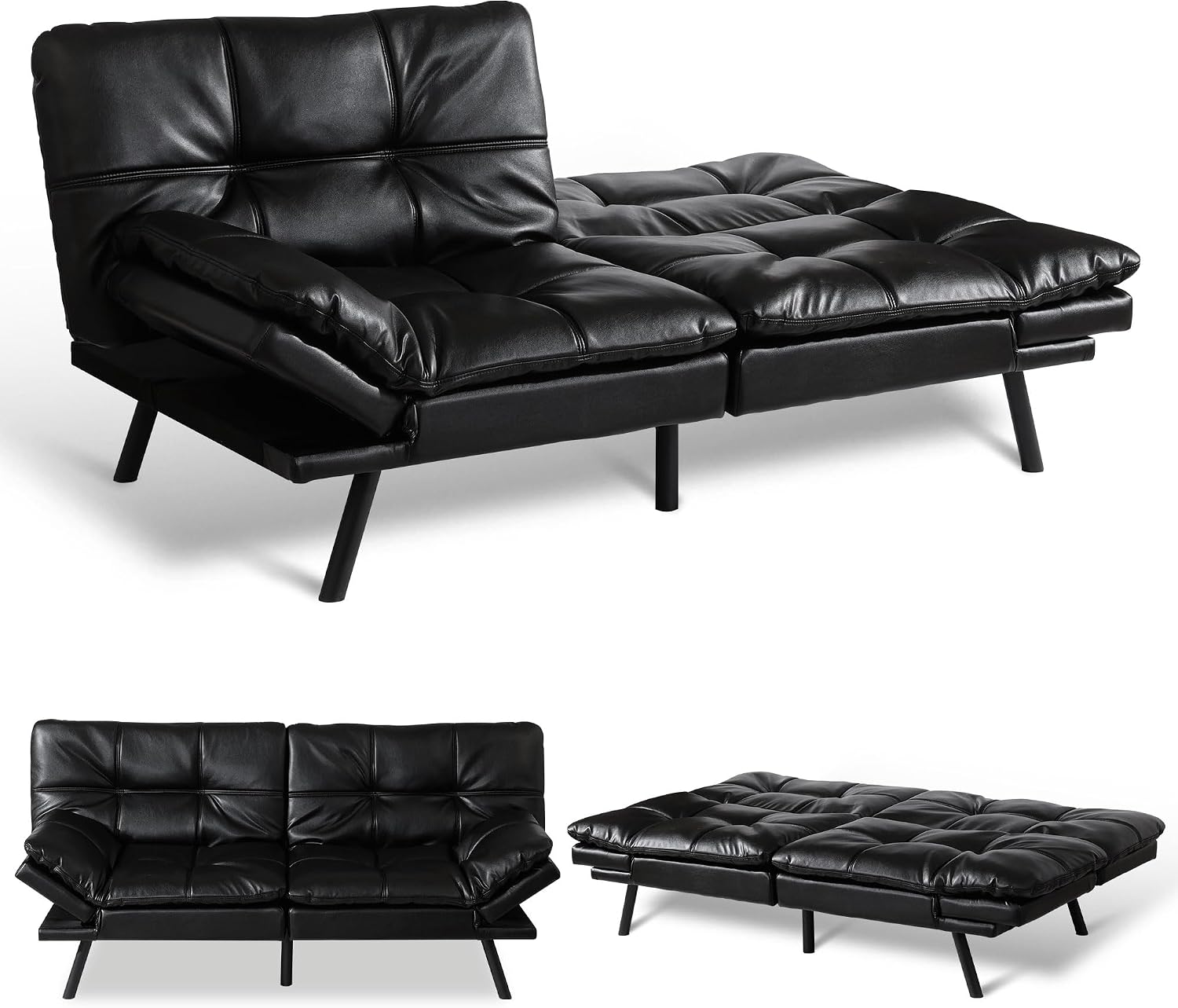 Convertible Futon Sofa Bed,71' Modern Premium Faux Leather Futon Couch with Adjustable Backrest&Armrest,Small Loveseat Sleeper Sofa,Dorm Futonsofa for Apartment,Living Room,Black