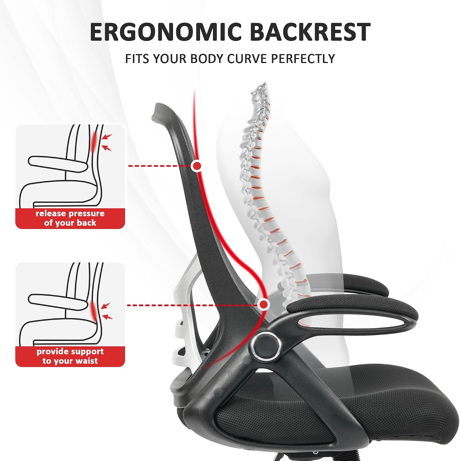 HYLONE Office Chair Ergonomic Chair with Flip up Armrests, Thickened Seat Computer Chair with Breathable Mesh Back Home Office Computer Chairs for Long Hours Mesh Office Chair(Black)