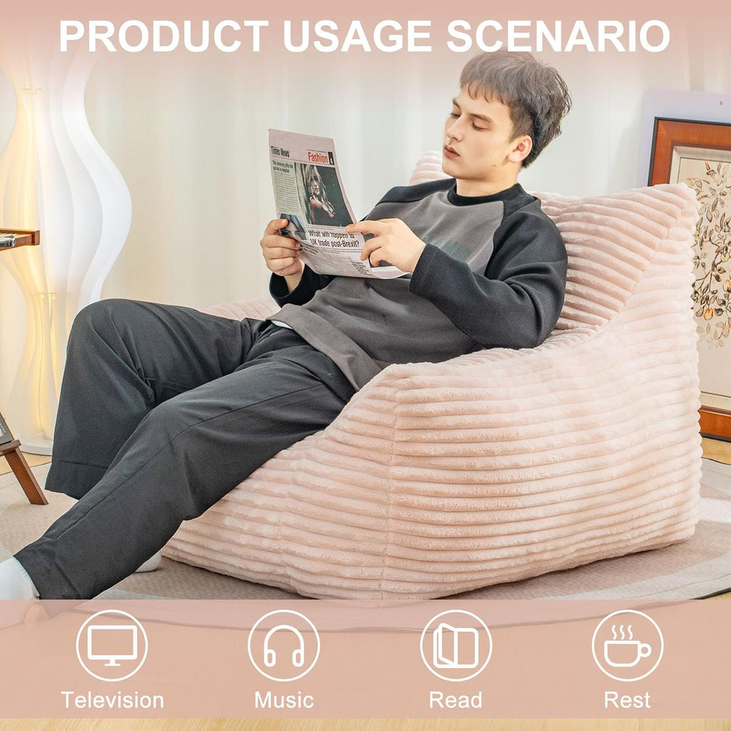Bean Bag Chair for Adults, Comfy Corduroy Beanbag with Armrests, Lazy Sofa Floor Chair for Living Room, Bedroom, Dorm & Lounge, Cozy Fluffy Single Mini Couch (Pink)