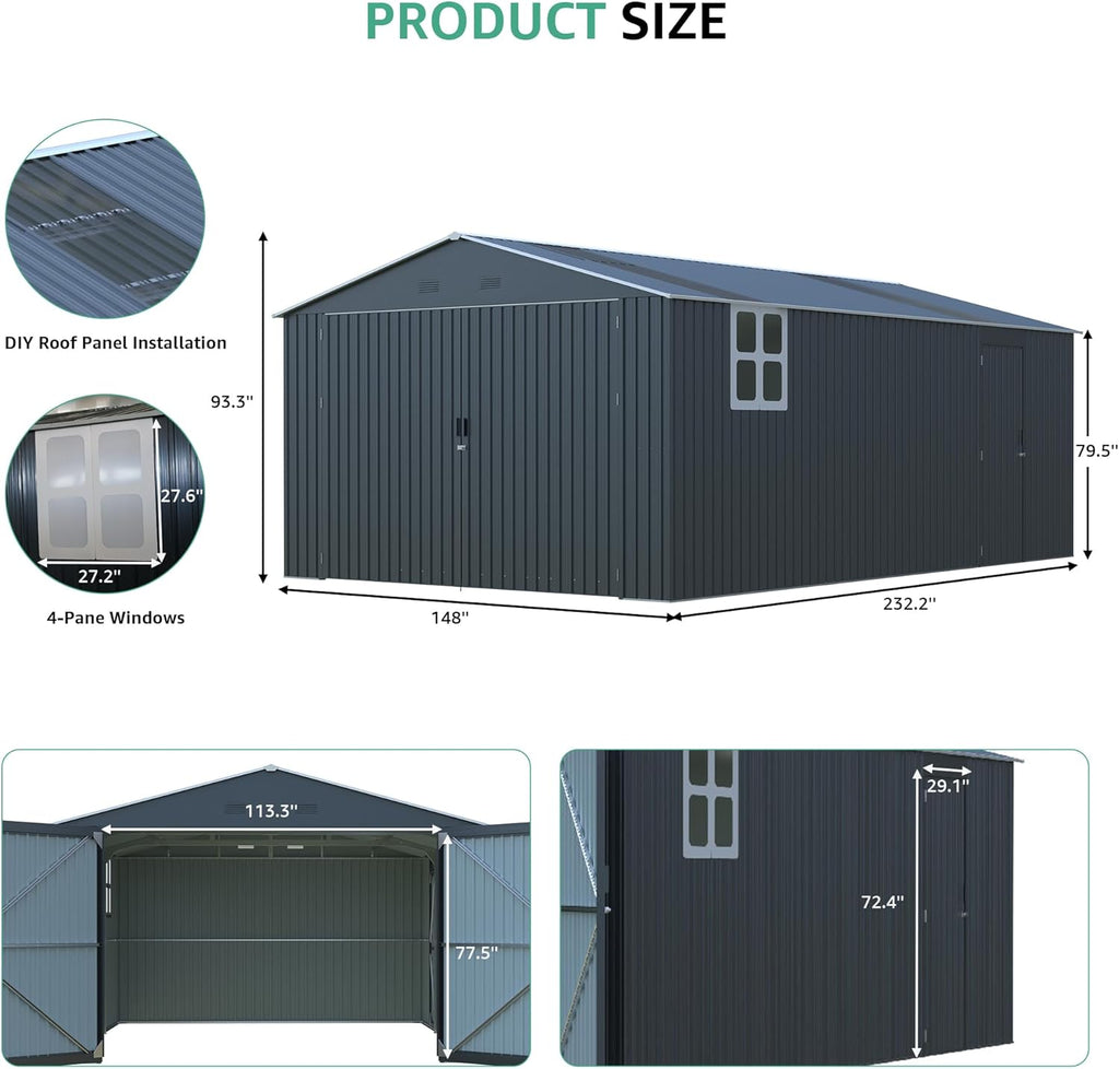 13x20ft Outdoor Storage Shed, Metal Storage Shed Heavy Duty, Large Garage Shed with 2 Doors 4 Vents 2 Translucent Roof