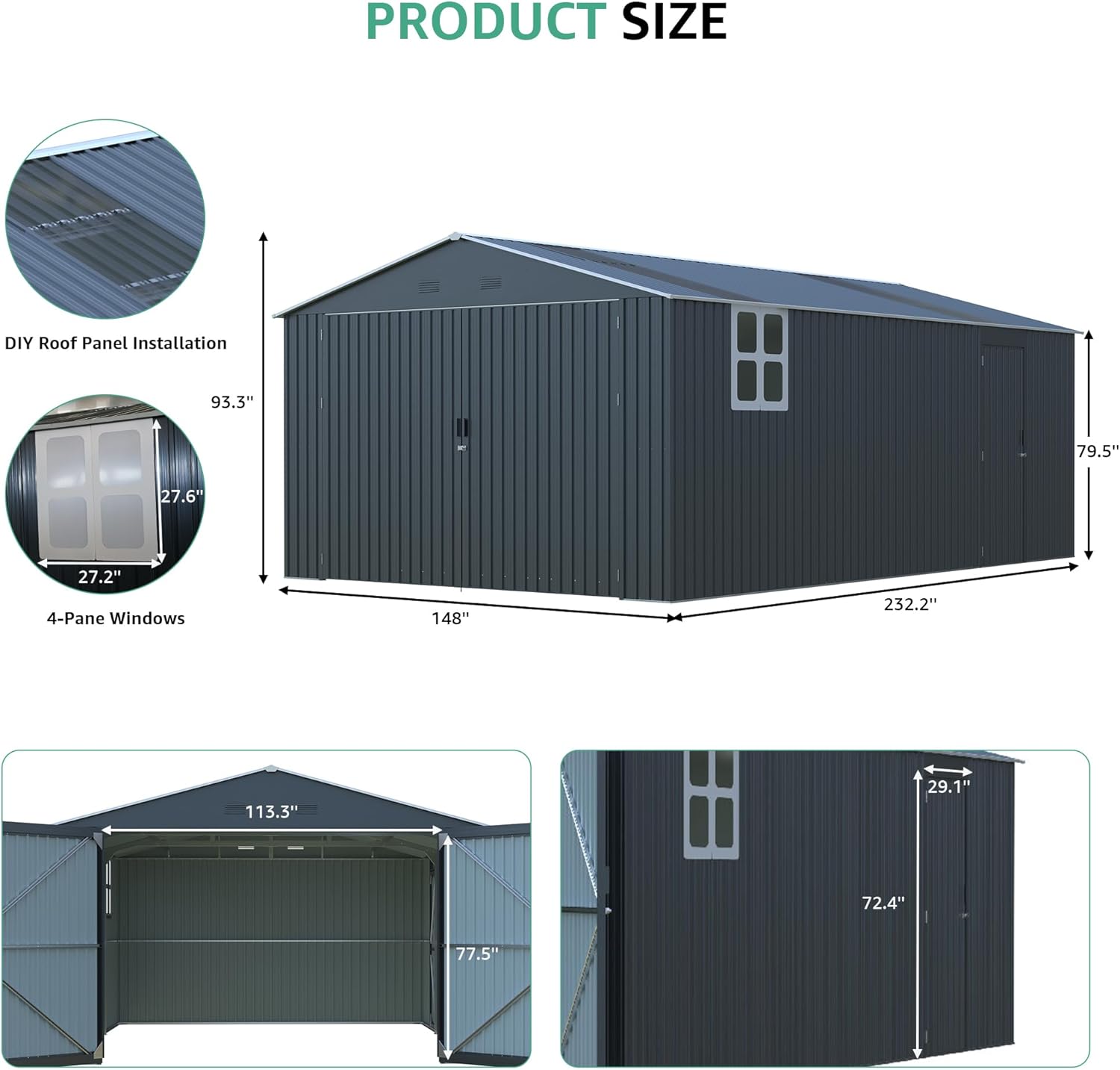 13x20ft Outdoor Storage Shed, Metal Storage Shed Heavy Duty, Large Garage Shed with 2 Doors 4 Vents 2 Translucent Roof