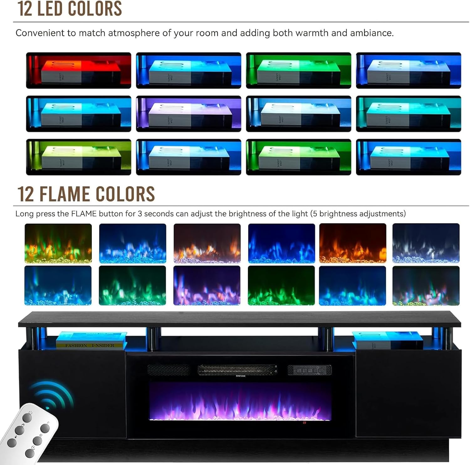 oneinmil Fireplace TV Stand with 36' Electric Fireplace, 2 Tier TV Console Stand for TVs Up to 90'', LED Light Entertainment Center, Fireplace for The Living Room TV Stand, Black, 80''