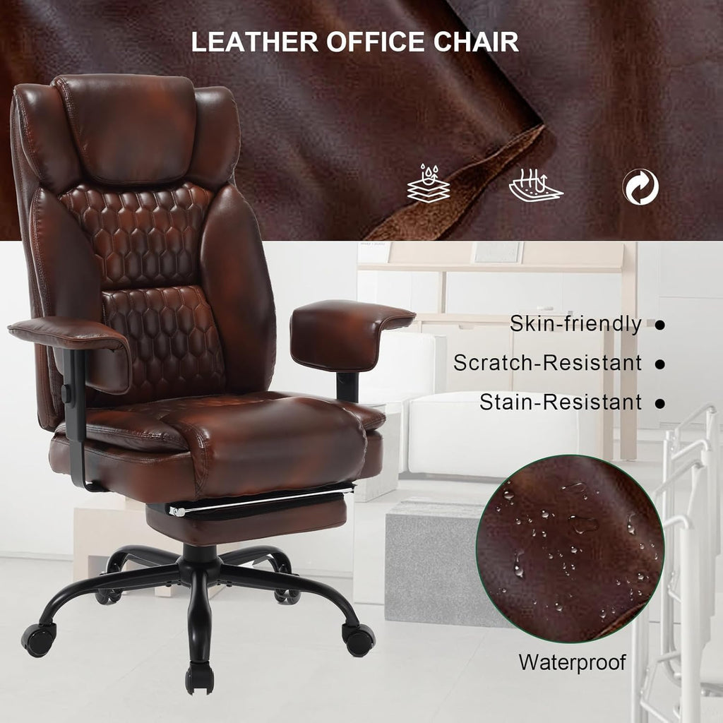 400lb Brown Office Chair,Big and Tall Reclining Office Chair with Footrest, High Back Executive Computer Chair with Wheels Pu Leather Recliner Office Desk Chairs with Lumbar Support for Adult