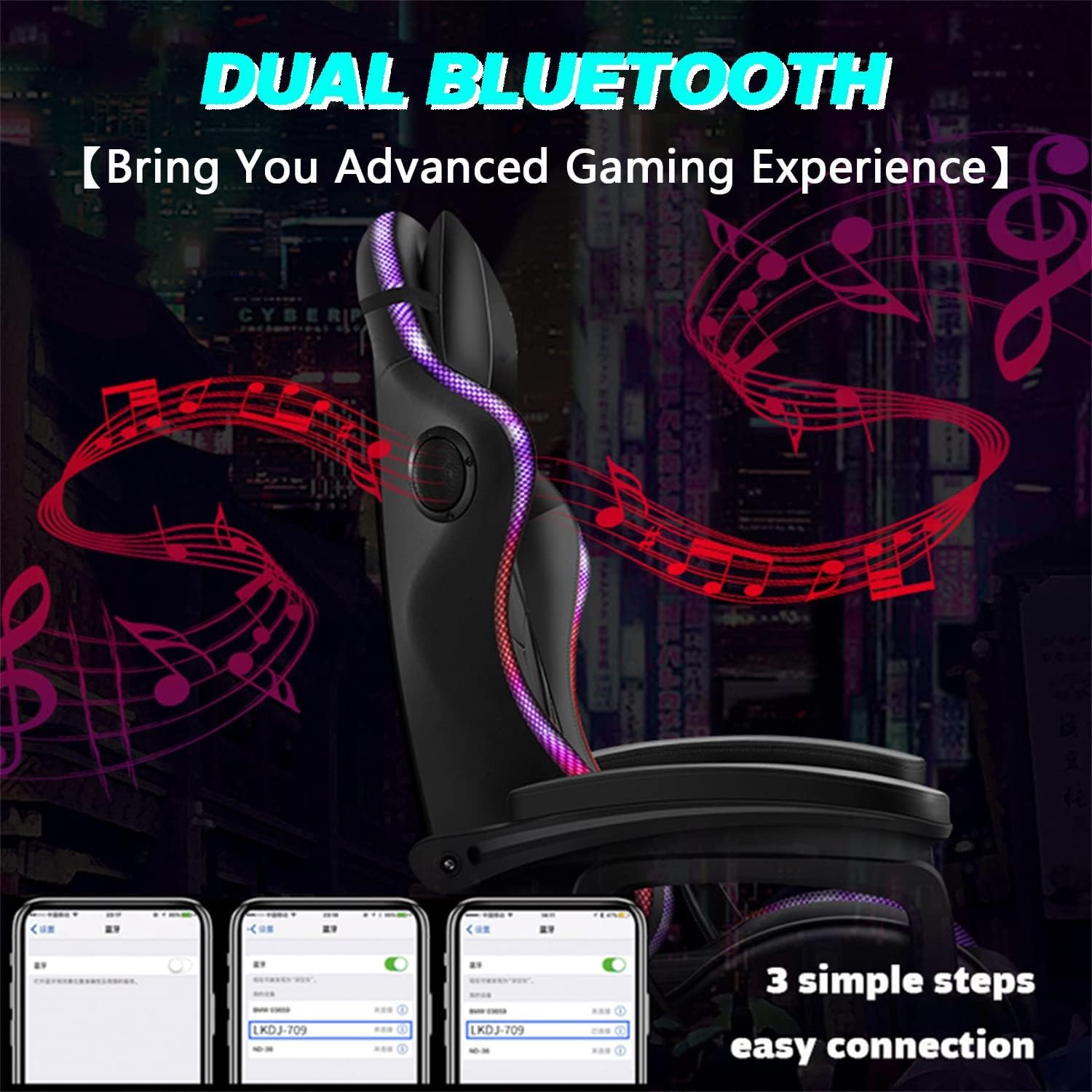 LED Gaming Chairs for Adults with Speakers - Ergonomic Computer Chair with Full Massage, High Back Music Video Game Chair with Footrest and Lumbar Support, PU Leather Silla Gamer,White