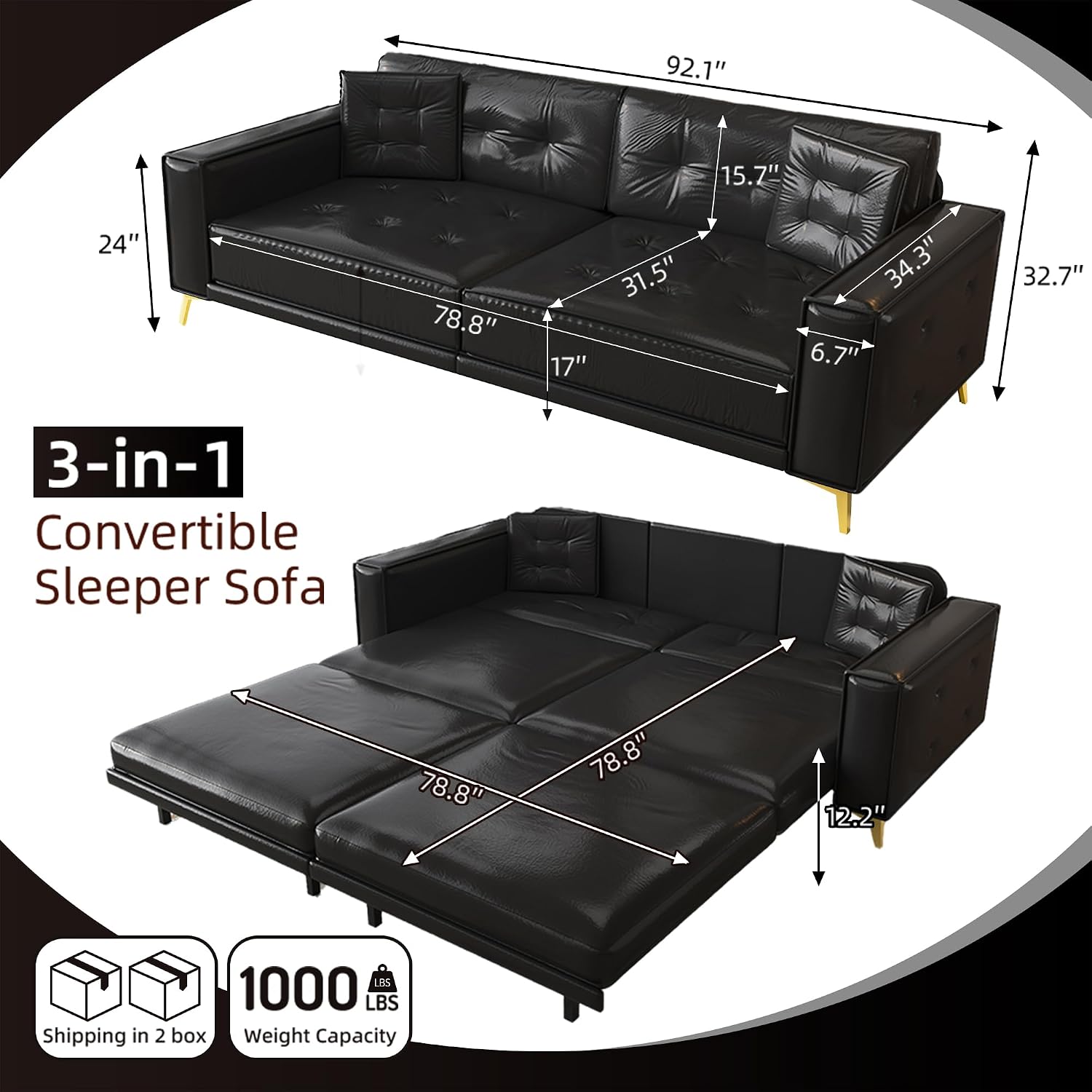 92.1'' Pull Out Sofa Bed King, Faux Leather Futon Couch, 3-in-1 Convertible Sleeper Sofa with Tufted Back, 2 Pillows, Gold Furniture Legs, Deep Loveseat for Living Room, Apartment, Black