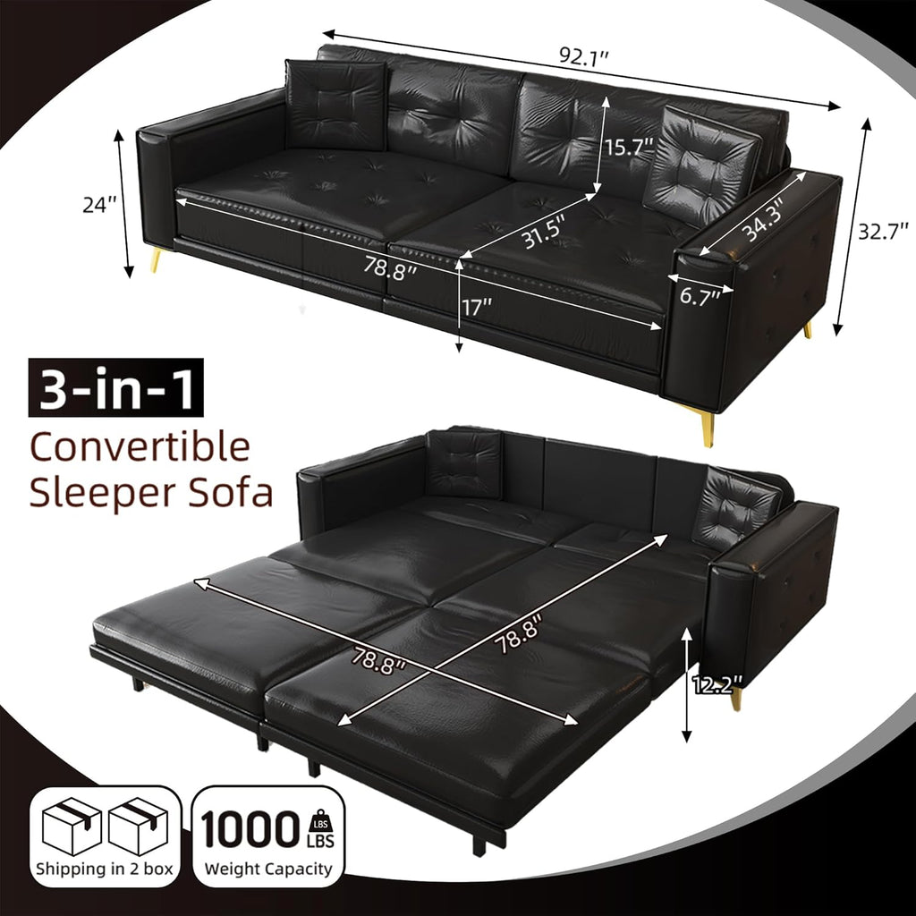 92.1'' King Pull out Sofa Bed, Convertible Futon Couch, 3-in-1 Faux Leather Sleeper Sofa with Tufted Back, 2 Pillows, Gold Legs, Deep Folding Loveseat Couches for Living Room, Apartment, Black
