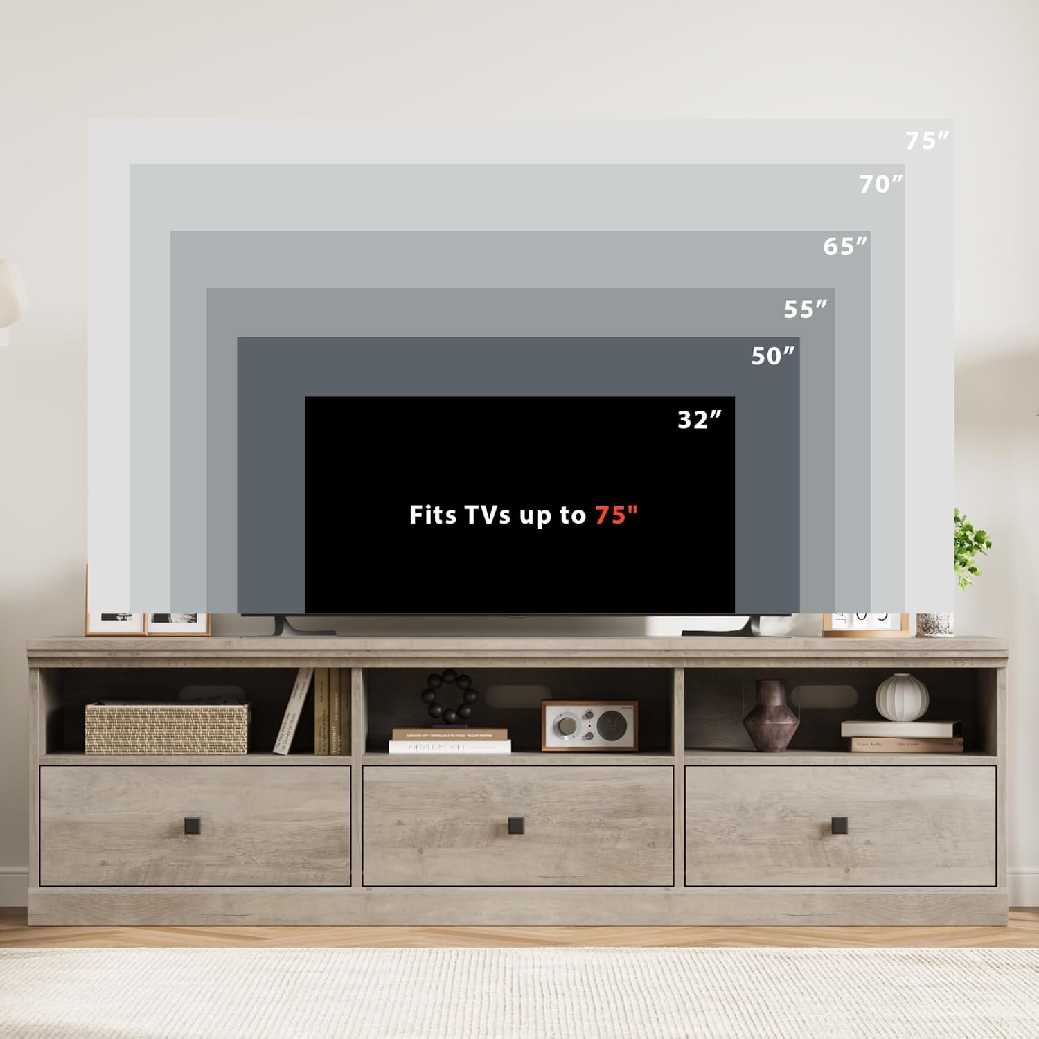 IDEALHOUSE 70in TV Stand for TVs up to 80', Mid Century Modern Entertainment Center with Storage Drawer and Open Shelves, TV Console Media Cabinet for Living Room, Bedroom, Vintage Gray
