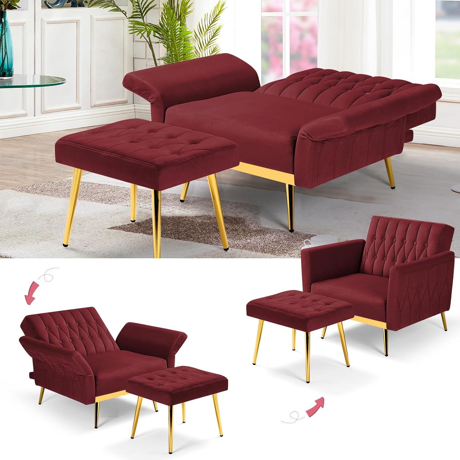 2 Pieces Velvet Sofa Set with Adjustable Armrest and Backrest, 70' Convertible Futon Sofa Bed & Mordern Accent Chair with Ottoman for Living Room, Bedroom, Red