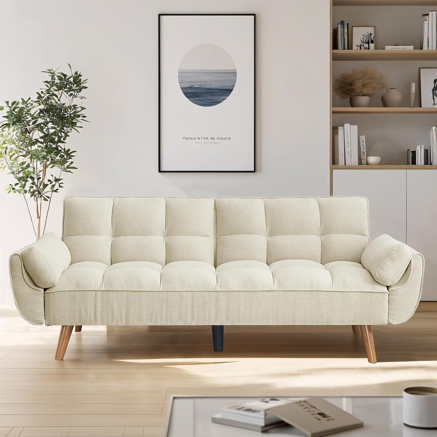 Convertible futon Sofa Bed, Sleeper Sofa Bed with Adjustable backrest, Small Space Small Sofa, Living Room, Bedroom (Beige)