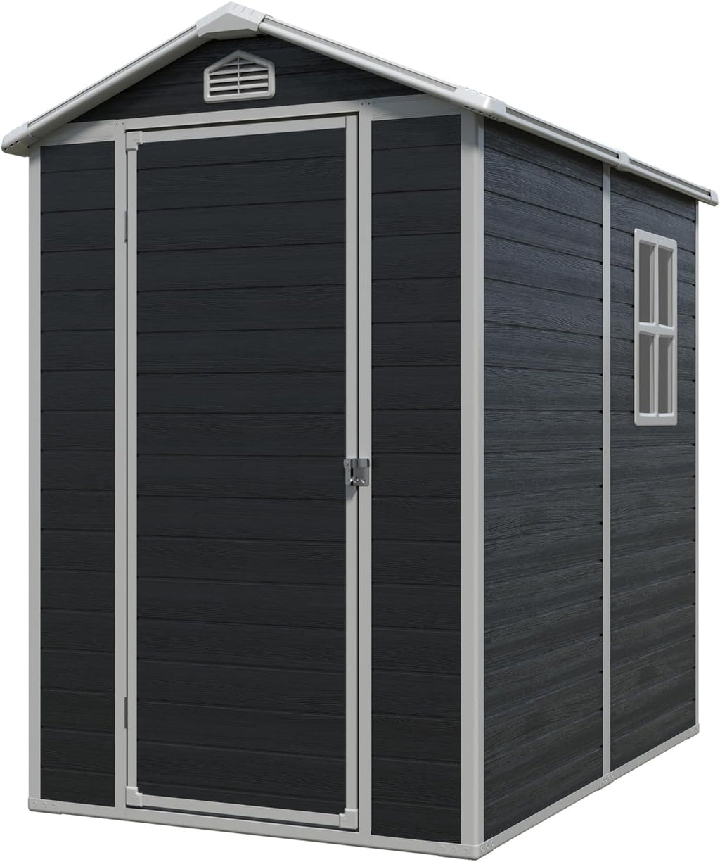 4x6 FT Outdoor Storage Shed, Resin Garden Shed with Thick Floor, Plastic Storage Shed with Window, Waterproof Outside Tool Shed with Lockable Hinged Door for Backyard, Patio, Lawn, Black
