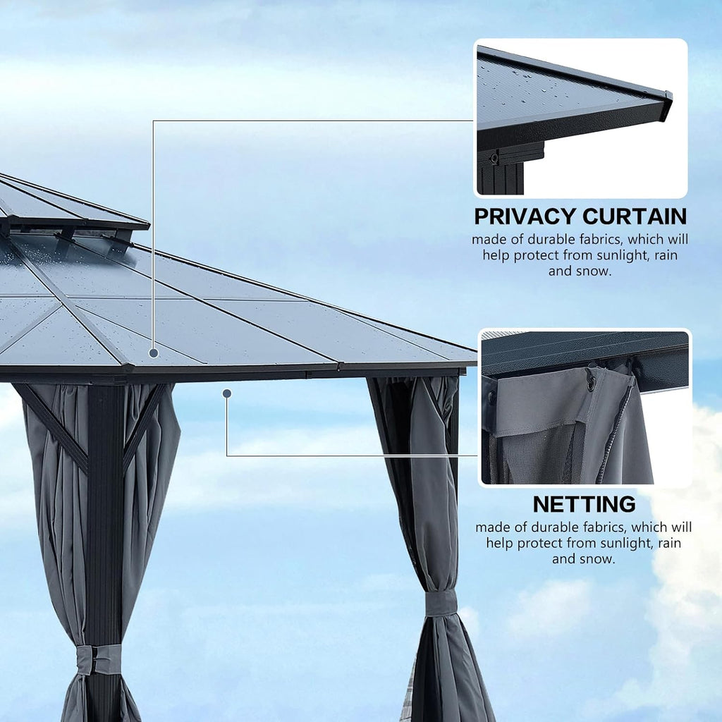 GOWE 12' x 16' Gazebo Polycarbonate Double Roof Canopy Outdoor Aluminum Frame Pergola, Permanent Pavilion with Netting and Curtains for Garden Patio Lawns Parties