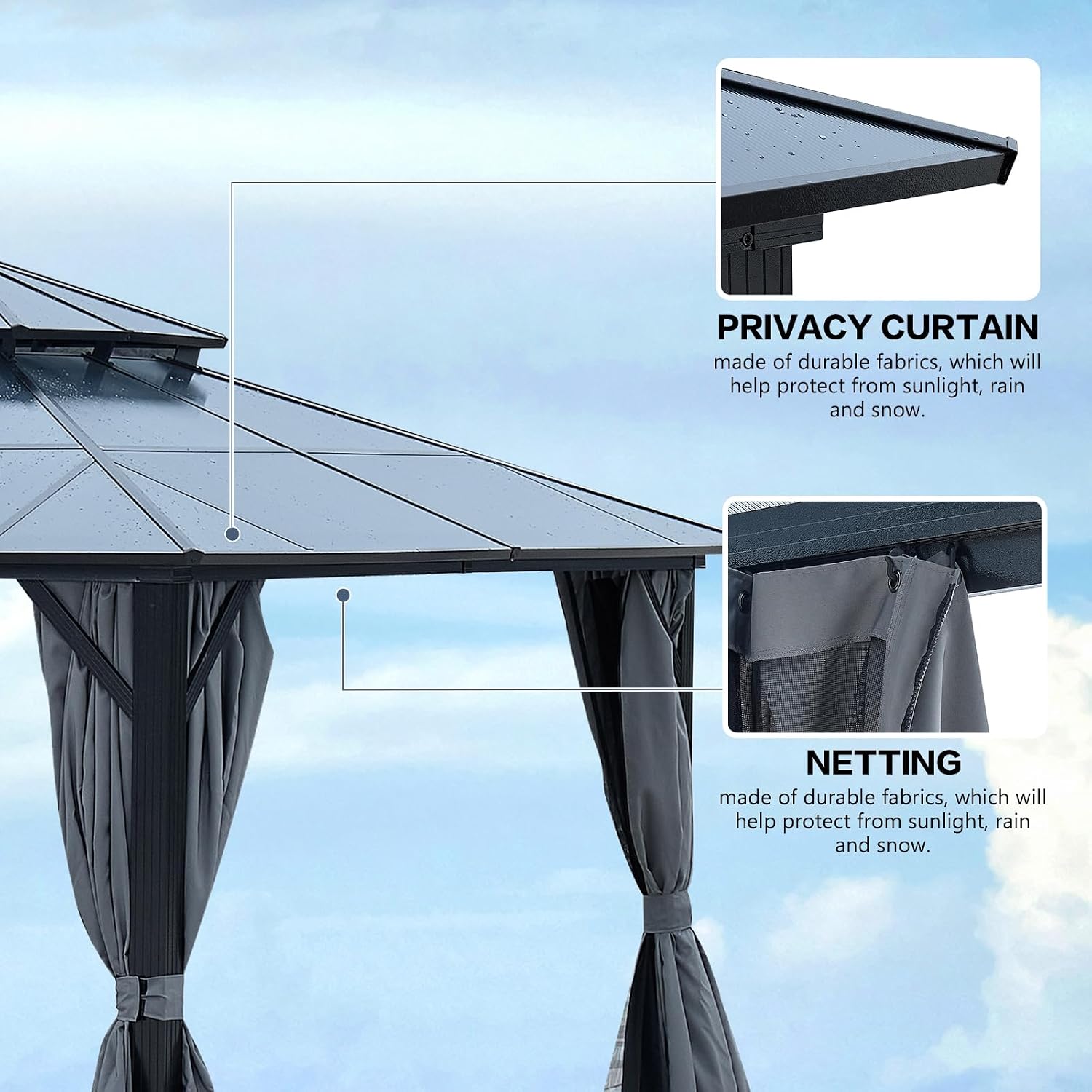 GOWE 12' x 16' Gazebo Polycarbonate Double Roof Canopy Outdoor Aluminum Frame Pergola, Permanent Pavilion with Netting and Curtains for Garden Patio Lawns Parties