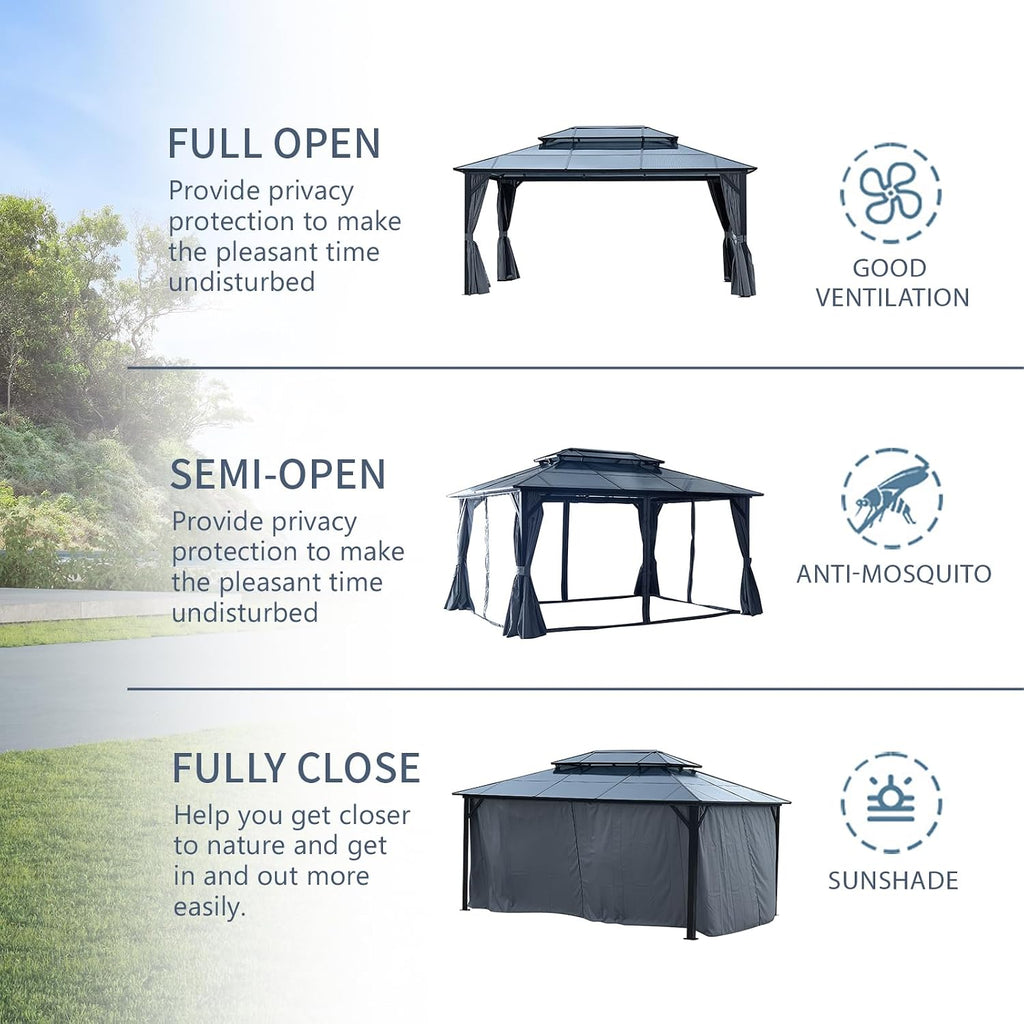 GOWE 12' x 16' Gazebo Polycarbonate Double Roof Canopy Outdoor Aluminum Frame Pergola, Permanent Pavilion with Netting and Curtains for Garden Patio Lawns Parties