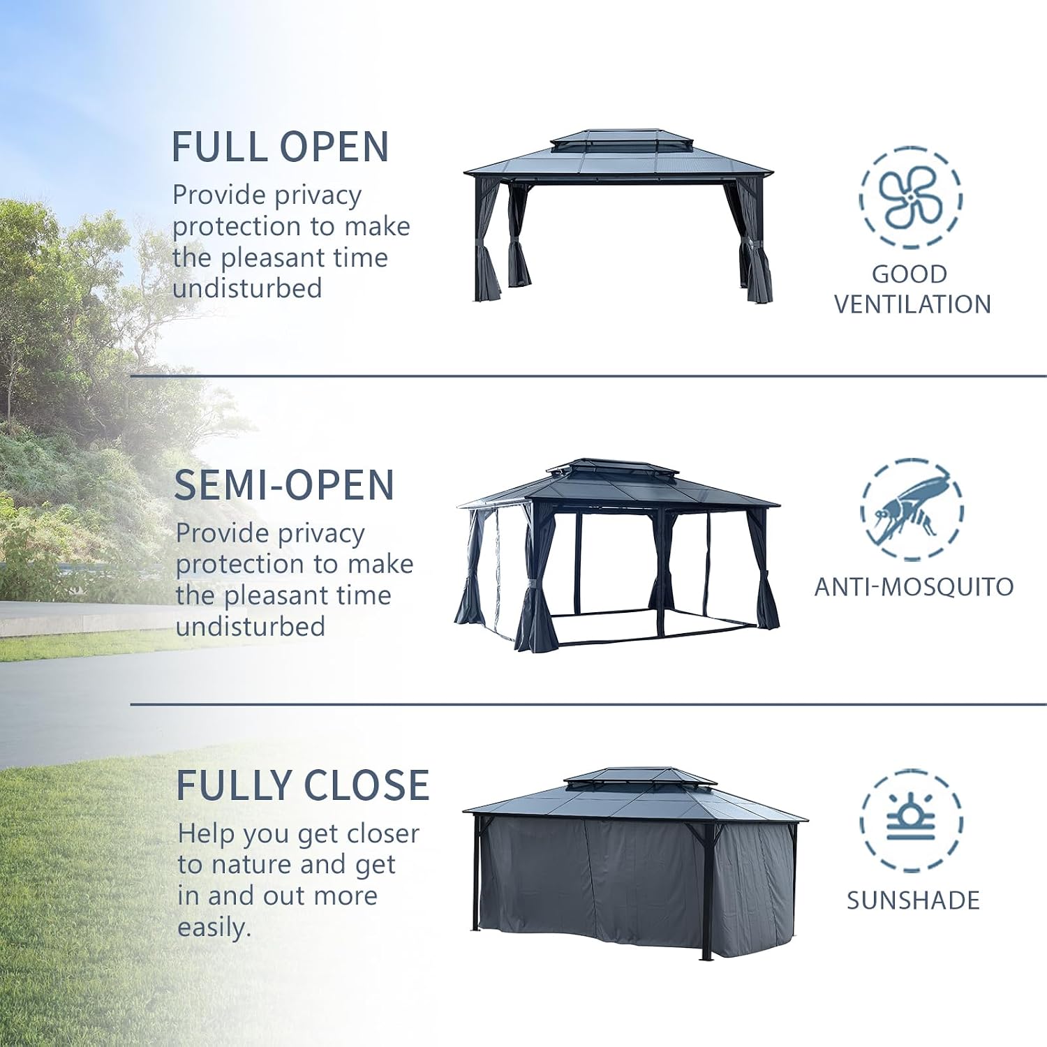 GOWE 12' x 16' Gazebo Polycarbonate Double Roof Canopy Outdoor Aluminum Frame Pergola, Permanent Pavilion with Netting and Curtains for Garden Patio Lawns Parties