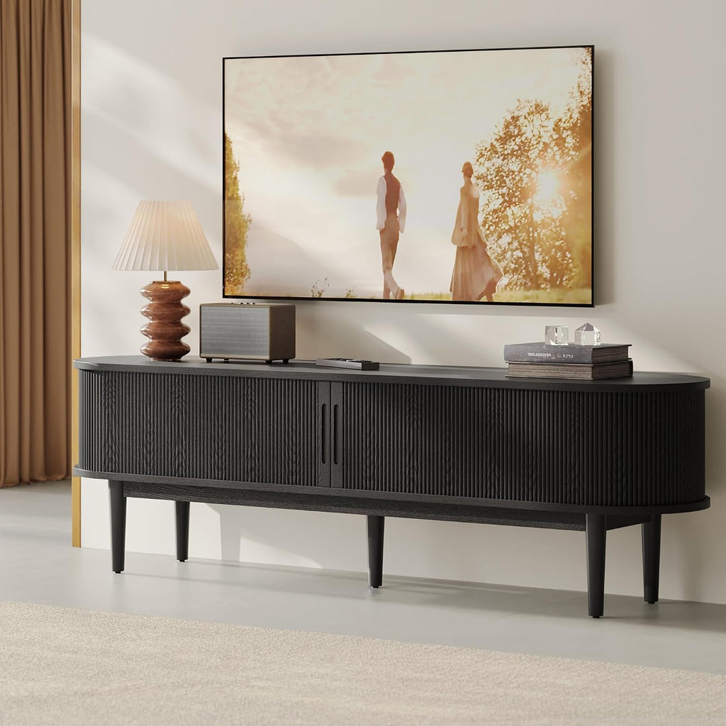 LINSY HOME 70' Fluted TV Stand for TVs up to 80 Inch, Mid Century Modern Entertainment Center with Storage Cabinet and Sliding Doors, Farmhouse Wood Media TV Console for Living Room, Bedroom, Black