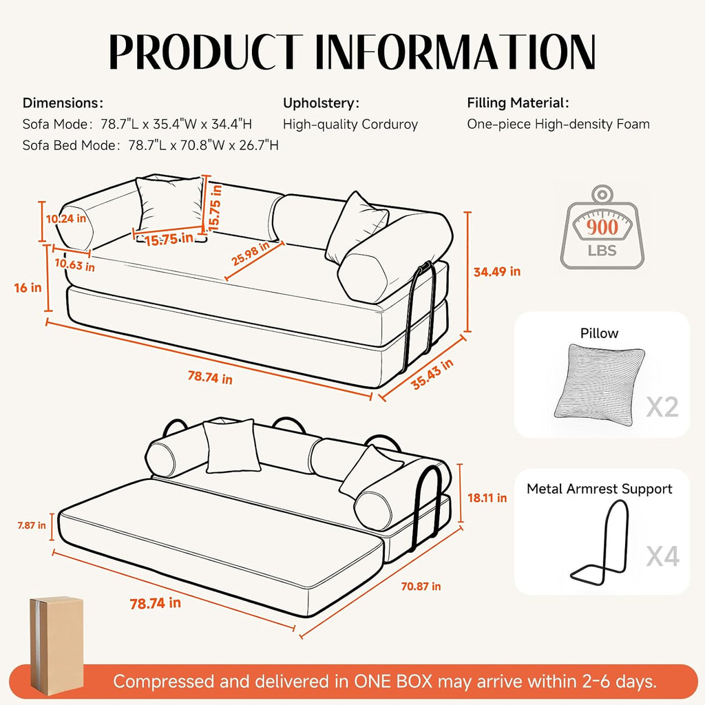 79' Corduroy Sofa Bed, Boneless Couch in a Box with 2 Pillows, High-Density Foam 4-in-1 Foldable Sleeper Futon Loveseat for Small Spaces, No Assembly, Side Pockets, Hex Arm Black