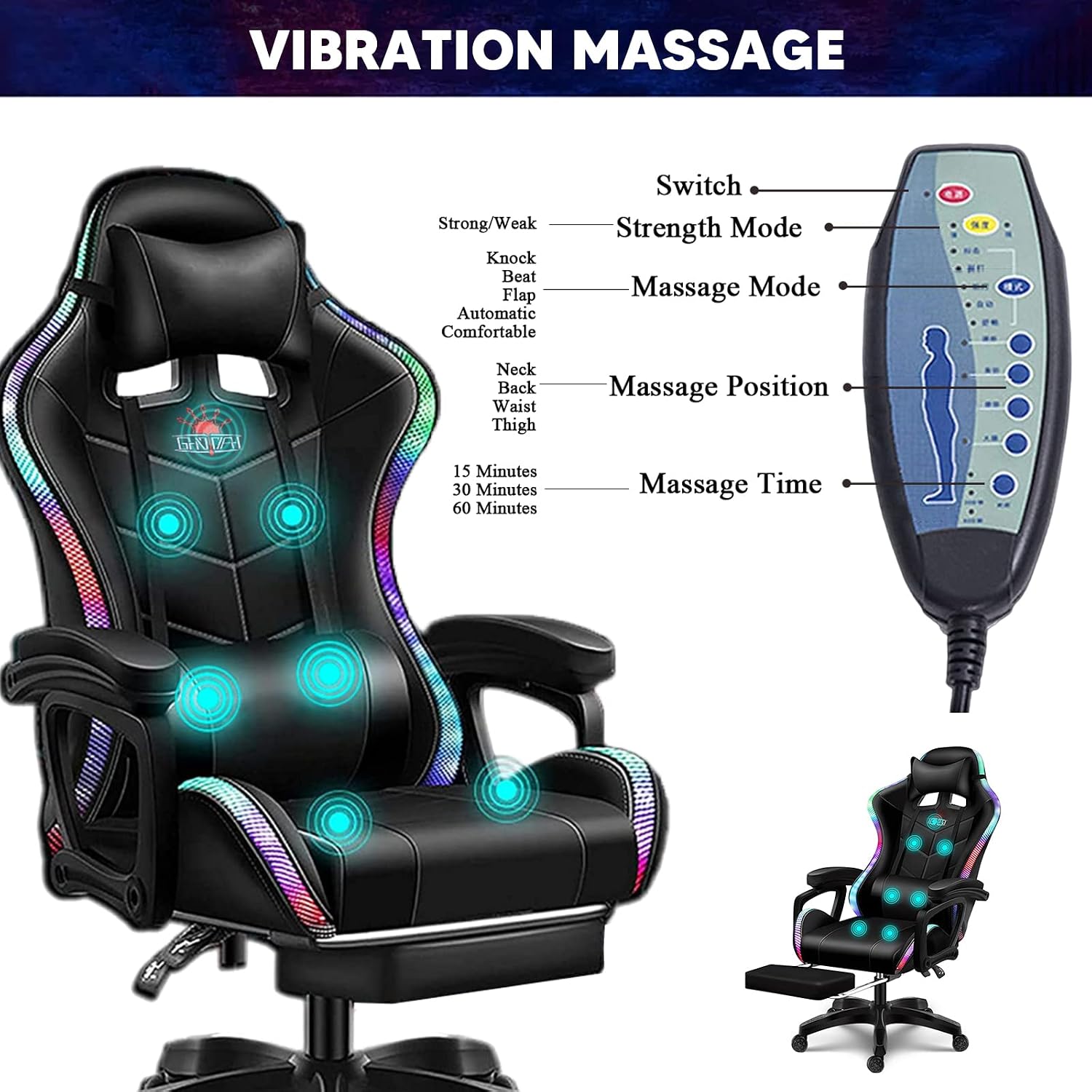 Computer Gaming Chair with LED Lights and Speakers PU Leather Office Chair with Lumbar Pillow Support and Footrest, Massage Gamer Chair High Back Video Game Chair for Adult Teens,Black
