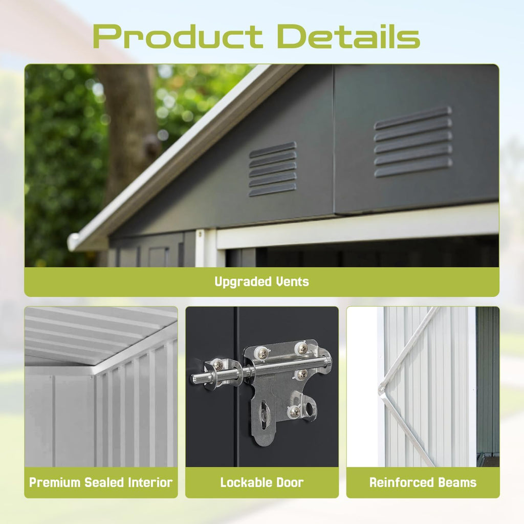 10 x 8 FT Outdoor Storage Shed, Metal Garden Tool Shed with Slooping Roof, Lockable Doors and Aluminum Frames, Easy to Assemble for Garden, Patio, Lawn, Grey