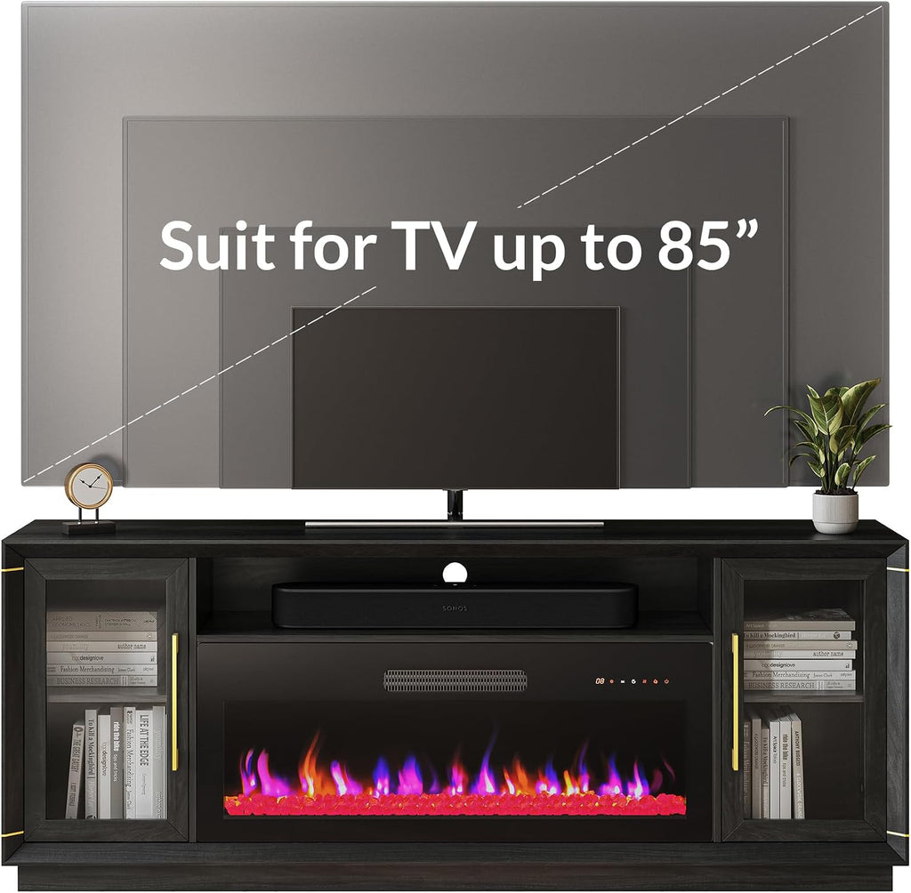 BELLEZE 74' Extra Large TV Stand for TVs Up to 85', Media Console Table with 42' Electric Fireplace Heater, Entertainment Center with Storage Cabinets for Living Room - Black Ebony