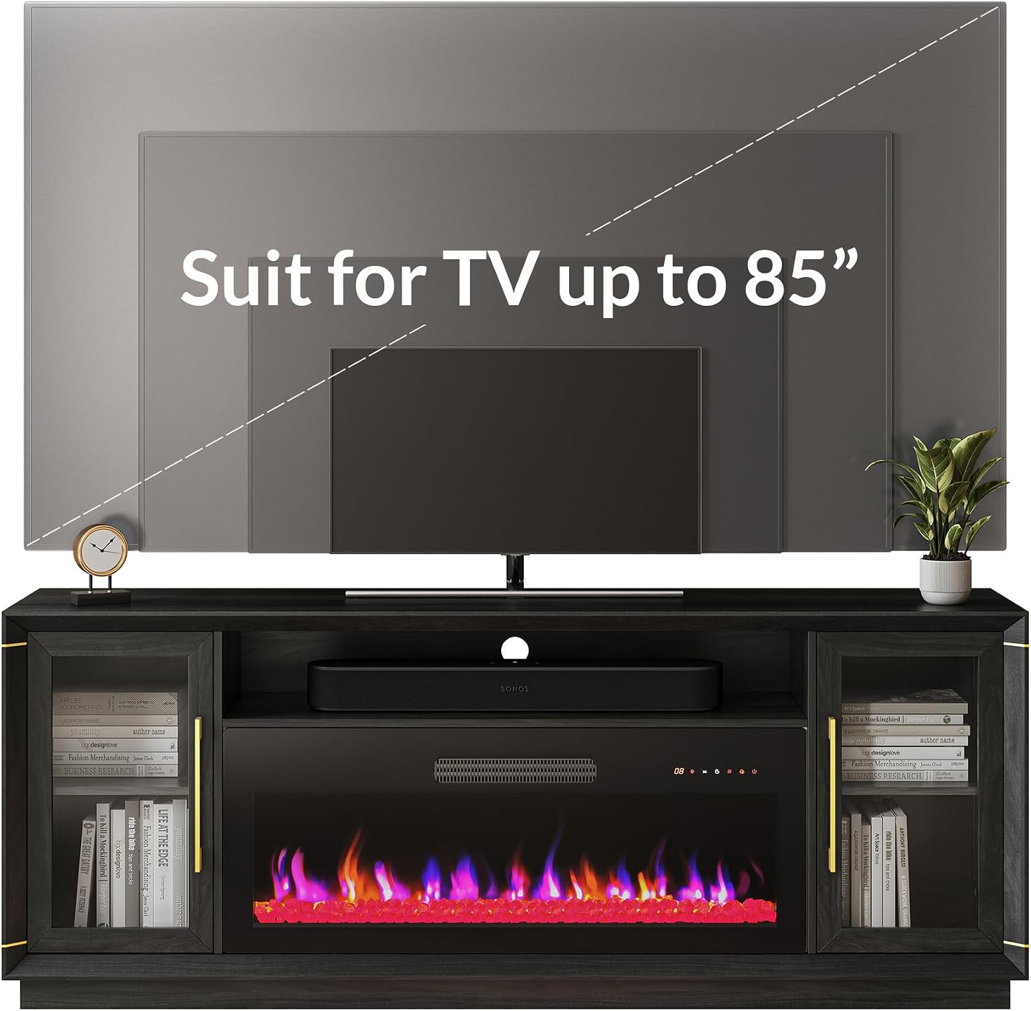 BELLEZE 74' Extra Large TV Stand for TVs Up to 85', Media Console Table with 42' Electric Fireplace Heater, Entertainment Center with Storage Cabinets for Living Room - Black Ebony