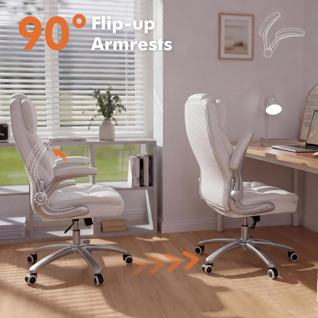 GYI Big and Tall Office Chair 400lb Wide Seat, Ergonomic High Back Leather Executive Desk Chair with Flip-up Arms, White