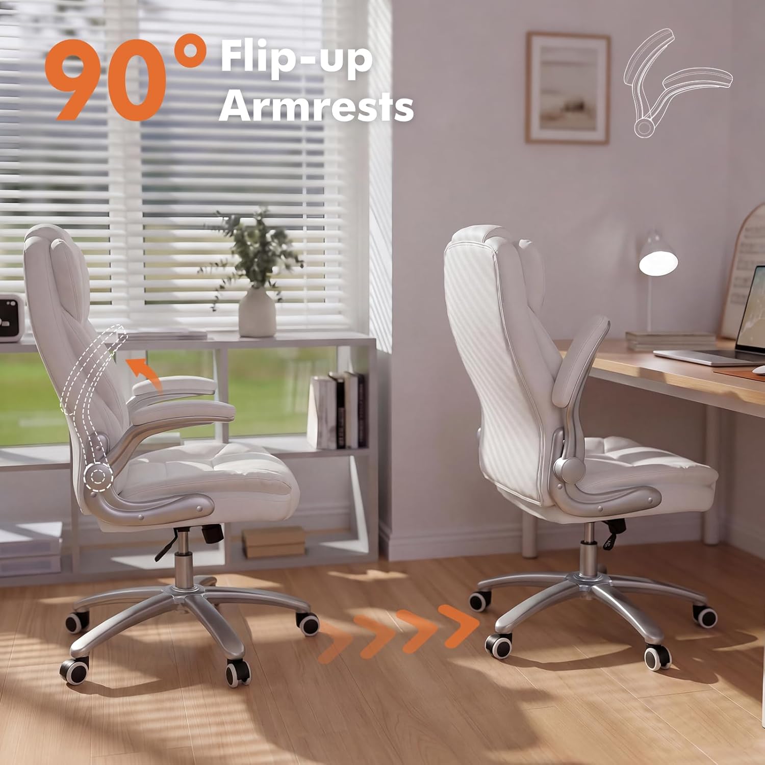 GYI Big and Tall Office Chair 400lb Wide Seat, Ergonomic High Back Leather Executive Desk Chair with Flip-up Arms, White