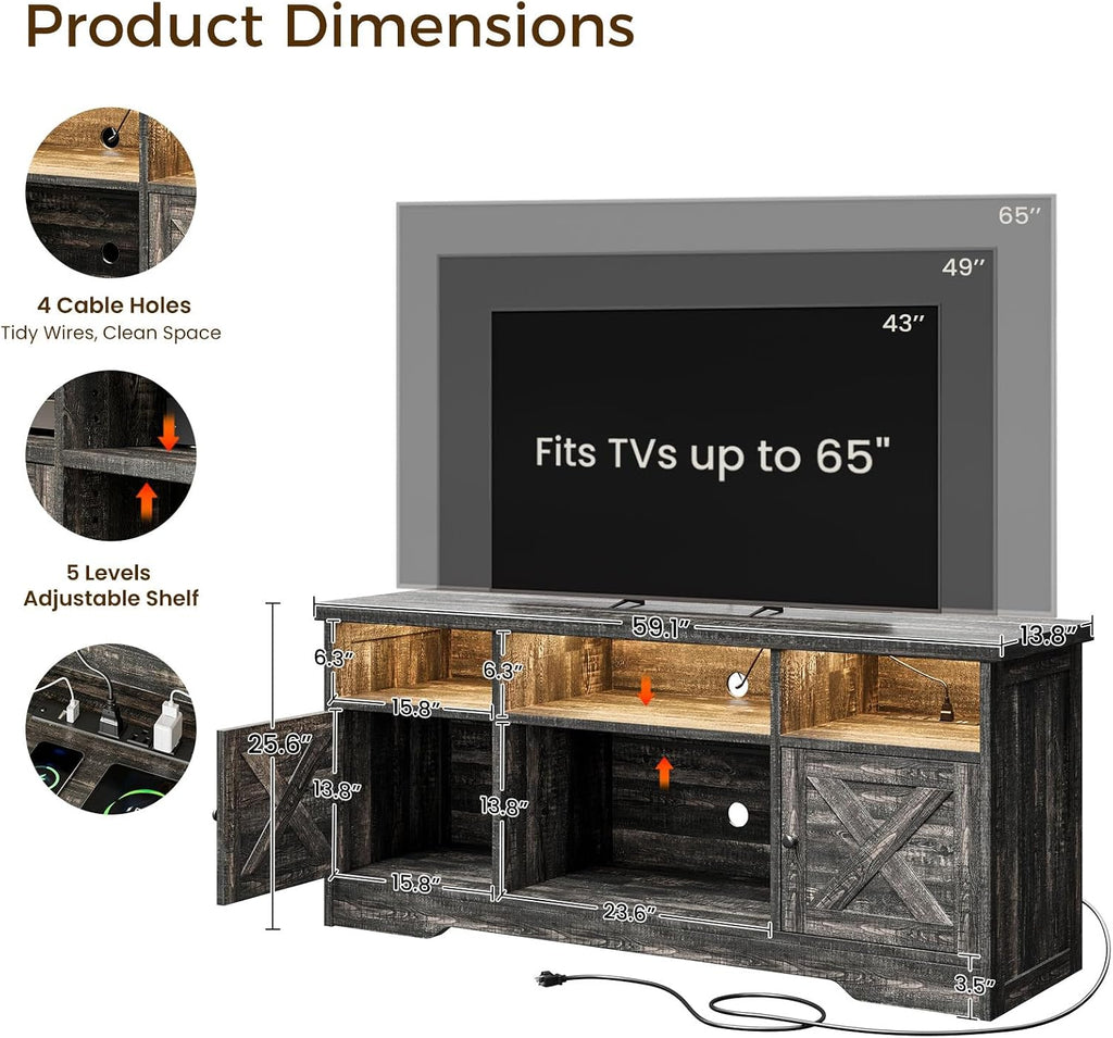Casaottima TV Stand for 65 Inch TV, Farmhouse Entertainment Center with Power Outlet & LED Light and Storage Cabinets, Console Table and Media Furniture for Living Room Bedroom, Dark Oak