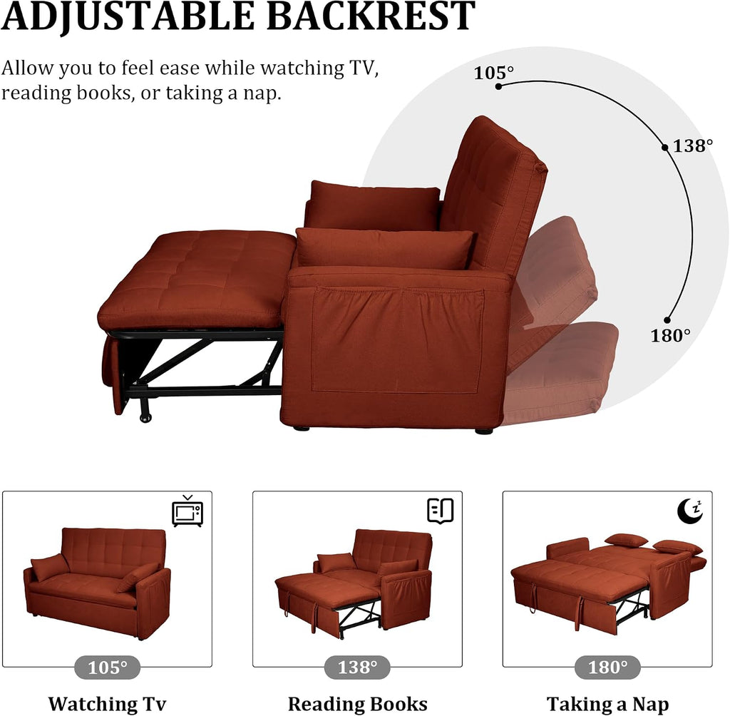 Oversized 3-in-1 Convertible Sleeper Sofa Bed, Futon Couch with Pullout Bed, 2-Seater Loveseat Sofa w/Pockets, Adjustable Backrest and Pillows for Living Room Apartment (Orange-Button Tufted)