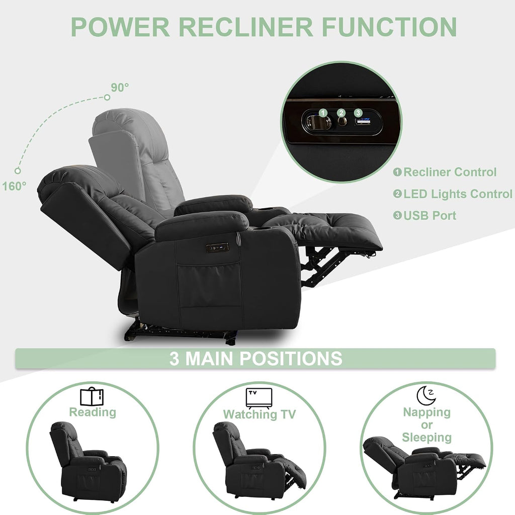 TUNYI Power Recliner Sofa with Massage & Heat Home Theater Seating with Console RV Recliner Sofa with USB/Storage/Side Pocket/LED Light (Black, 1PC)