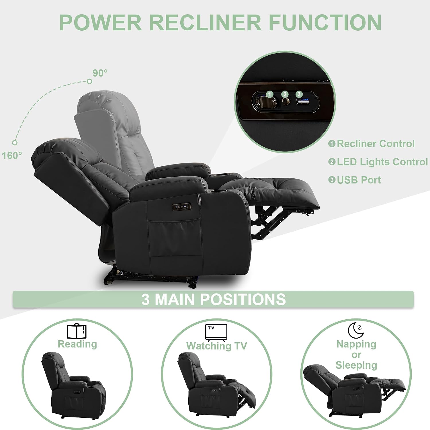 TUNYI Power Recliner Sofa with Massage & Heat Home Theater Seating with Console RV Recliner Sofa with USB/Storage/Side Pocket/LED Light (Black, 1PC)