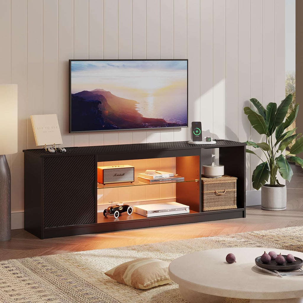 Bestier TV Stand with Power Outlets for Bedroom, Gaming TV Stand for 65inch TV, Black Entertainment Center for PS5, TV Console with Adjustable Glass Shelves for Living Room, Black