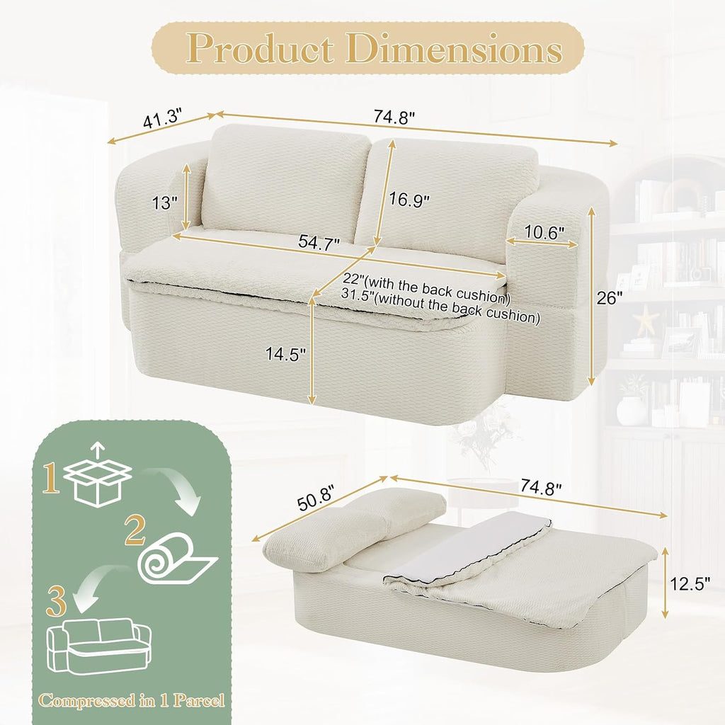 Futon Sofa Bed with Blanket, Convertible Folding Boneless Compressed Faux Fur Memory Foam Floor Loveseat Sleeper Sofa Couch Full Size Bed with Pillows for Guest Room Living Room Small Space, Beige