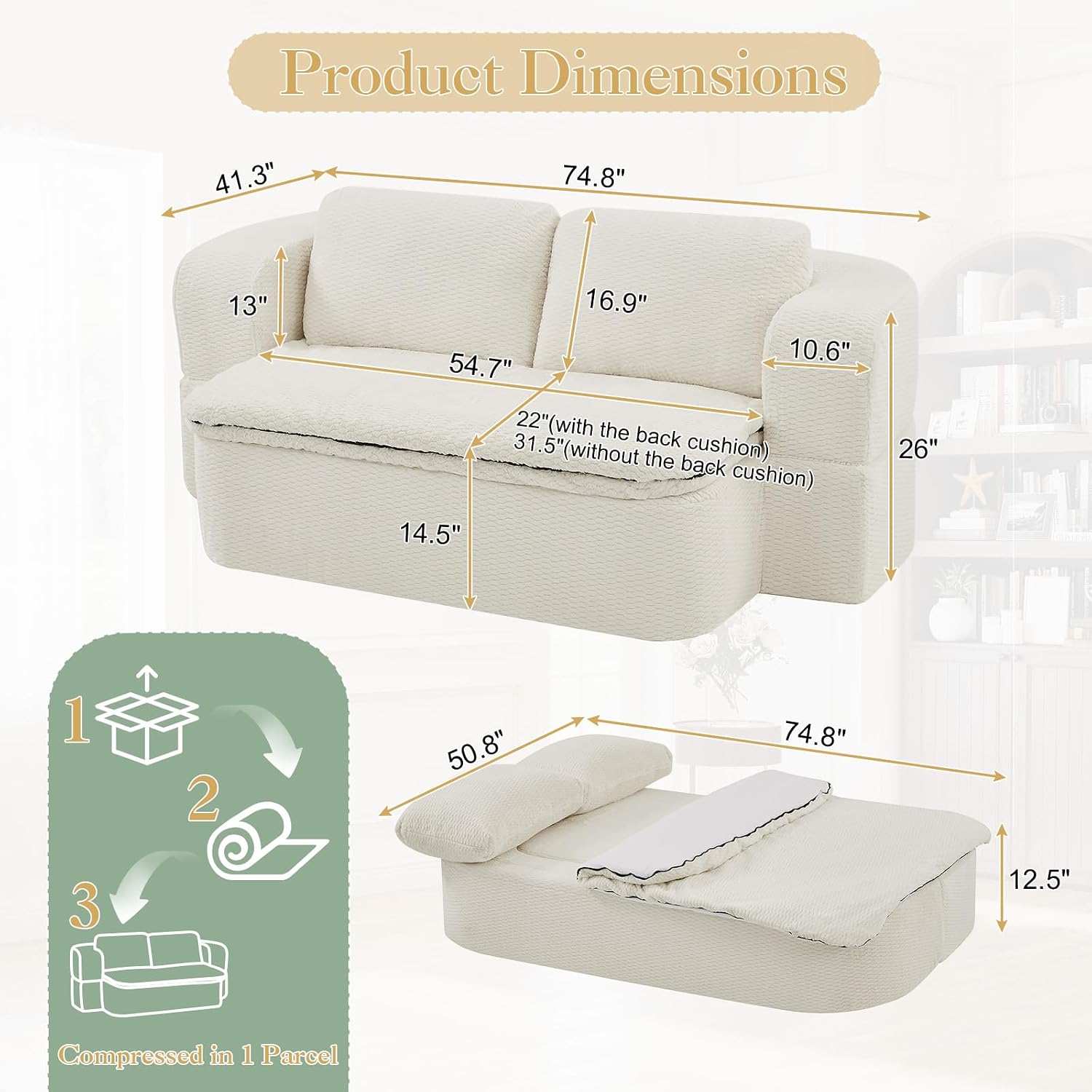 Futon Sofa Bed with Blanket, Convertible Folding Boneless Compressed Faux Fur Memory Foam Floor Loveseat Sleeper Sofa Couch Full Size Bed with Pillows for Guest Room Living Room Small Space, Beige