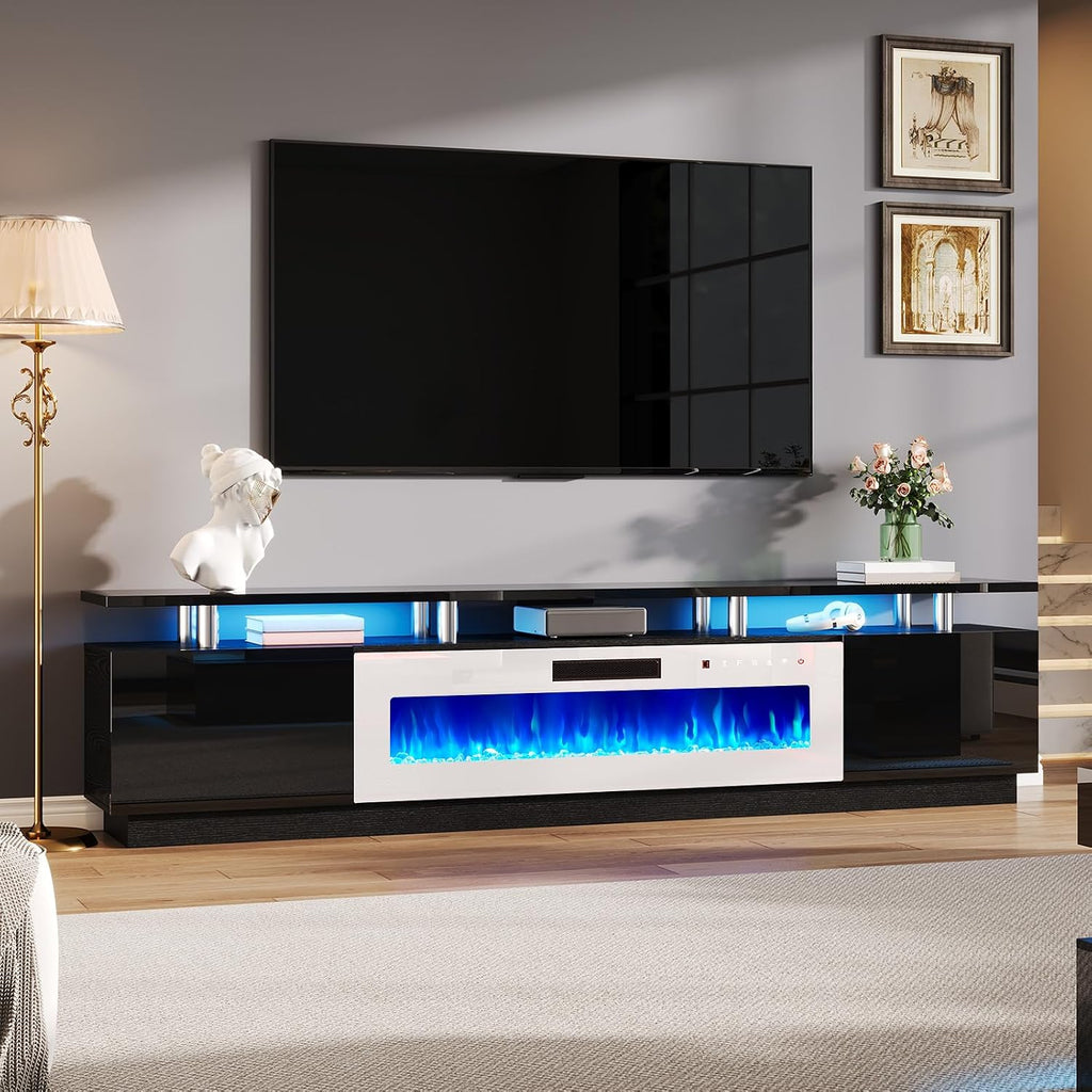 AMERLIFE 90' 2 Tier Fireplace TV Stand with 50' Fireplace, Modern Large Entertainment Center LED Lights, Media Console Table Storage Cabinet for TVs Up to 100', Living Room, Black & White