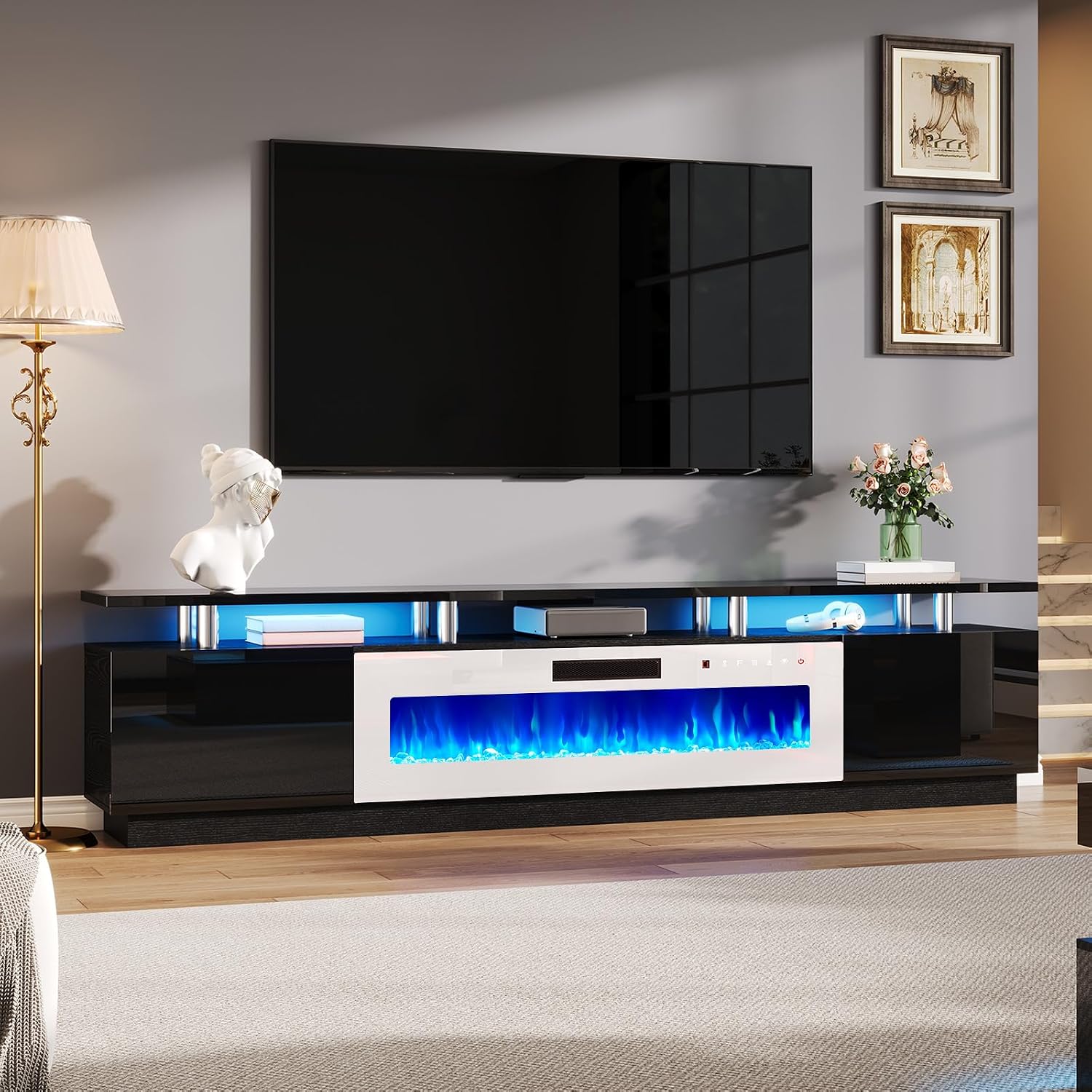 AMERLIFE 90' 2 Tier Fireplace TV Stand with 50' Fireplace, Modern Large Entertainment Center LED Lights, Media Console Table Storage Cabinet for TVs Up to 100', Living Room, Black & White