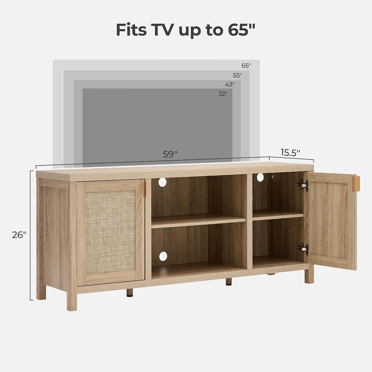 SICOTAS Rattan TV Stand for Living Room - 26' Tall TV Console Cabinet with Storage and Adjustable Shelf, Boho Entertainment Center, 59' Media Console for 50, 55, 65 Inch TV, Light Oak