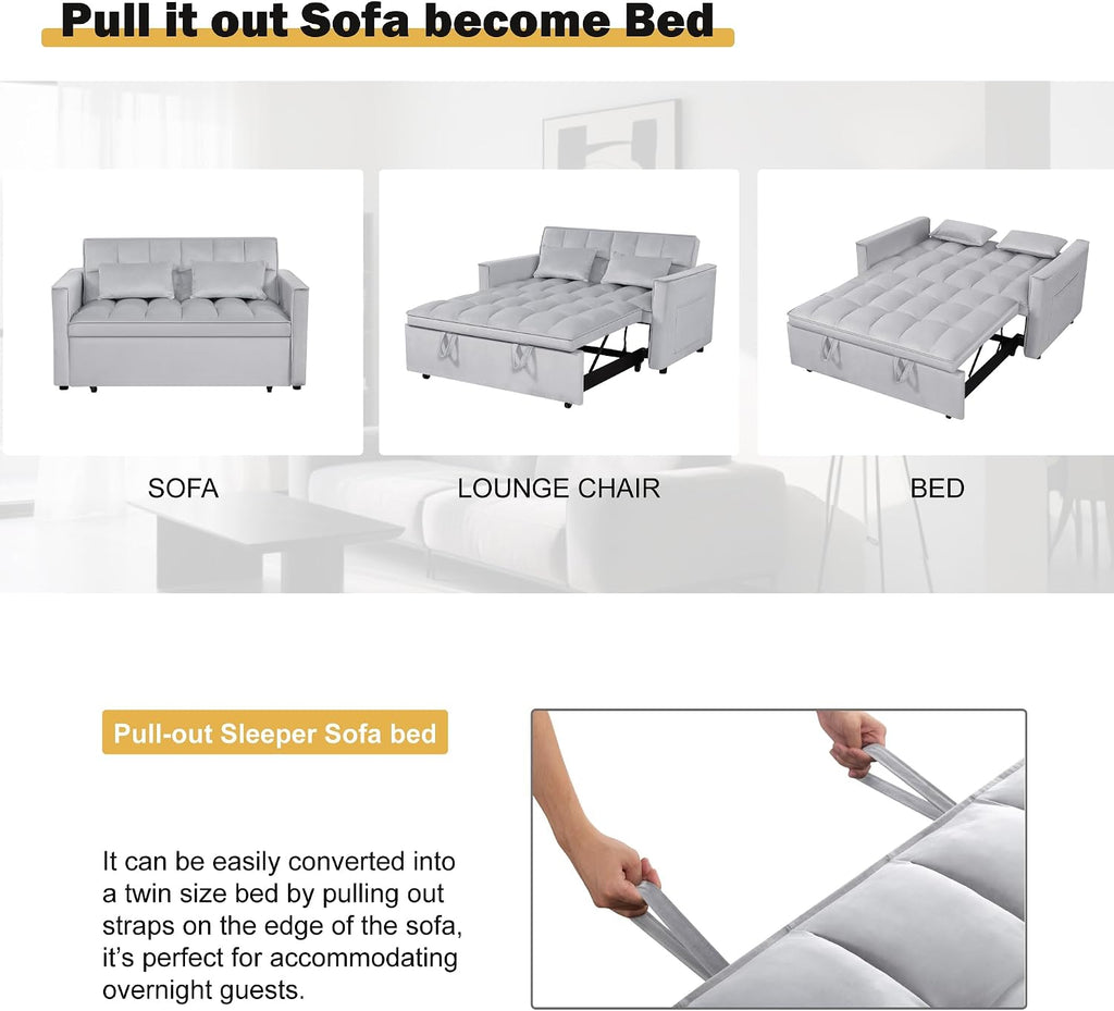 3 in 1 Convertible Sofa Bed, Love Seat Sleeper Bed with Side Pockets, Velvet Fabric Pull Out Couch with Adjustable Backrest for Living Room, Bedroom, Apartment, Gray