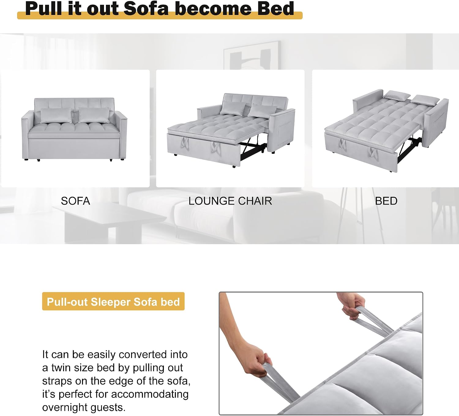 3 in 1 Convertible Sofa Bed, Love Seat Sleeper Bed with Side Pockets, Velvet Fabric Pull Out Couch with Adjustable Backrest for Living Room, Bedroom, Apartment, Gray