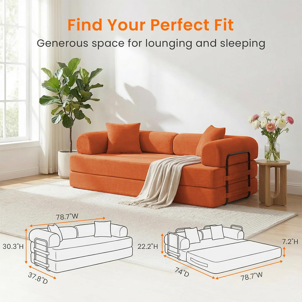 ijuicy 4-in-1 King Convertible Floor Sofa Bed w/ 2 Pillow,Modular Sleeper Sofa/Folding Futon Couch Bed w/Cylindrical Backrest and Fixed Frame,Lounge Couch,Corduroy Compression Sofas for Home-Orange