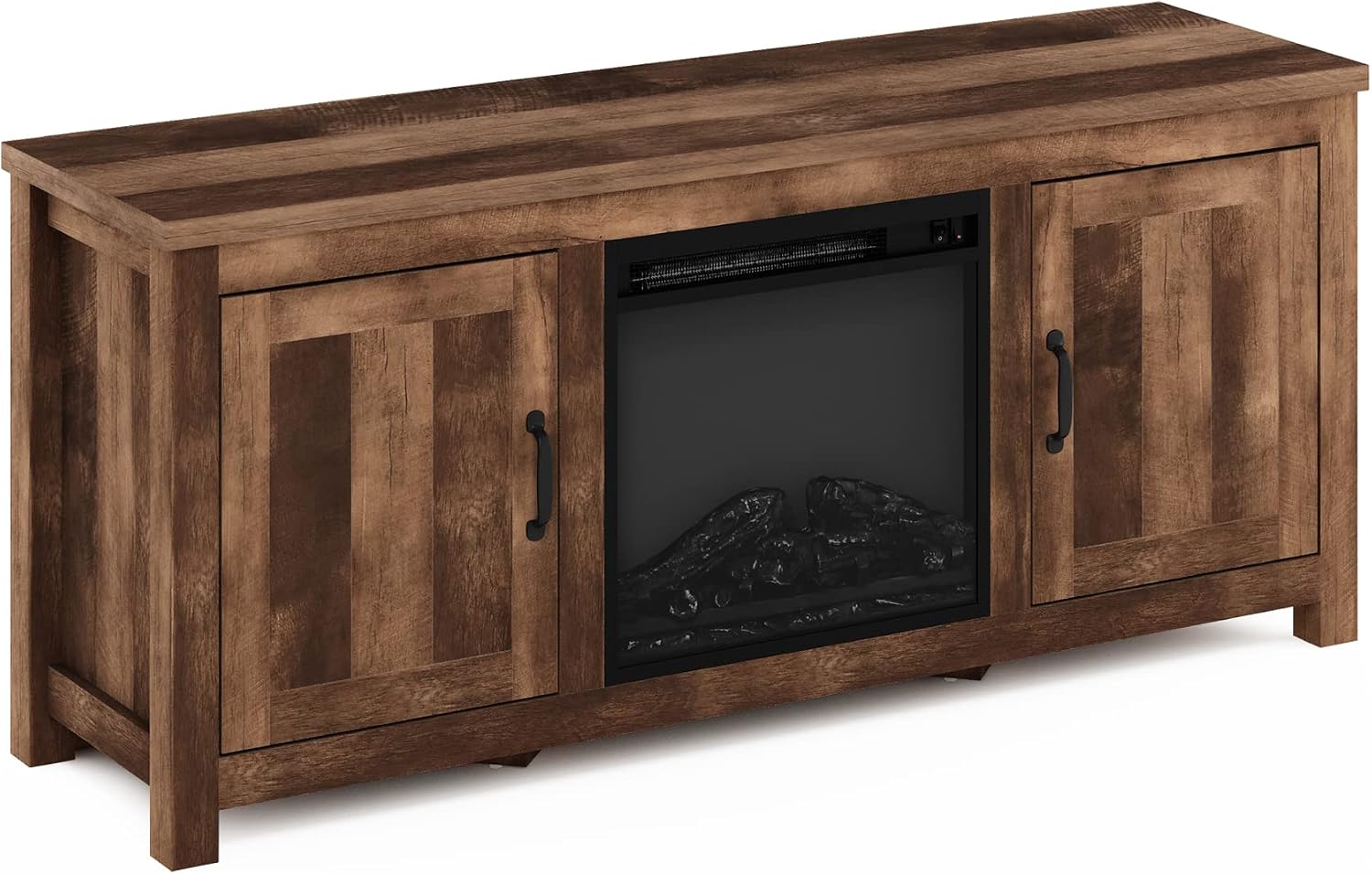 Furinno Jensen Farmhouse Barn Door Fireplace Stand with Storage Cabinet for TV up to 60 Inch, Rustic Brown