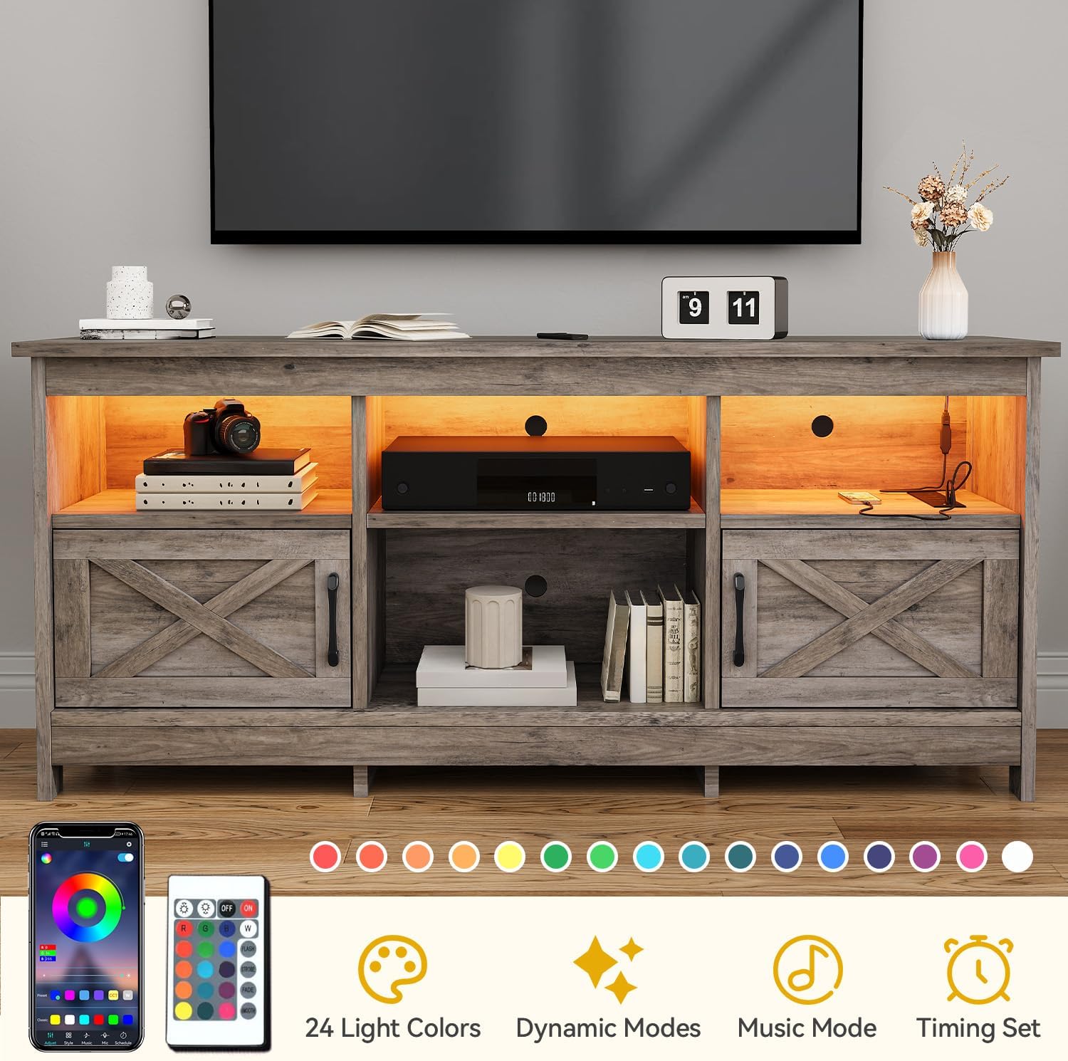 DWVO TV Stand for up to 65 Inch TV, Entertainment Center with Storage, TV Cabinet with Power Outlet & LED Light Strip, Media Console Television Stands for Living Room, Washed Grey