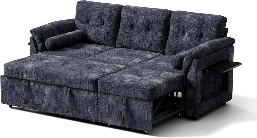 Convertible Sleeper Sofa Bed, 63 Inch Chenille Pull Out Couch with Side Table & Adjustable Backrest, Sectional Sleeper Sofa with Pull Out Bed for Living Room, Apartment, Blue