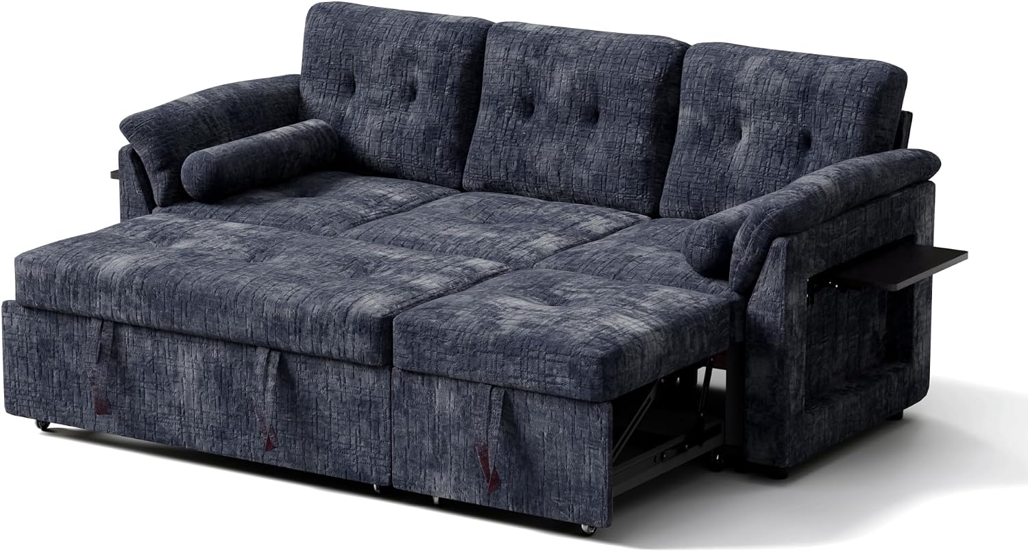 Convertible Sleeper Sofa Bed, 63 Inch Chenille Pull Out Couch with Side Table & Adjustable Backrest, Sectional Sleeper Sofa with Pull Out Bed for Living Room, Apartment, Blue