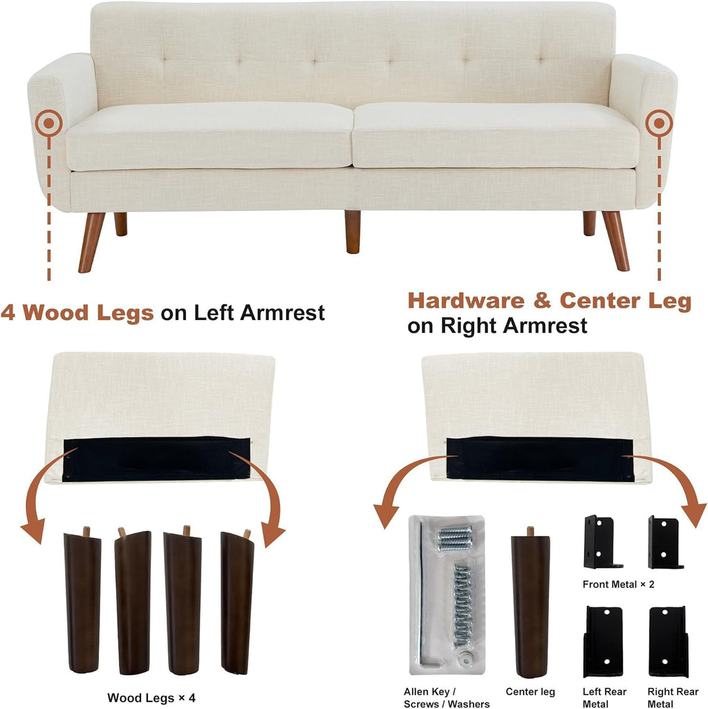 Tbfit 77.2' W Linen Sofa Couch, Mid Century Modern Decor Loveseat Couches for Living Room, Button Tufted Upholstered Small Couch for Bedroom, Solid, and Easy to Install Love Seats Furniture, Beige